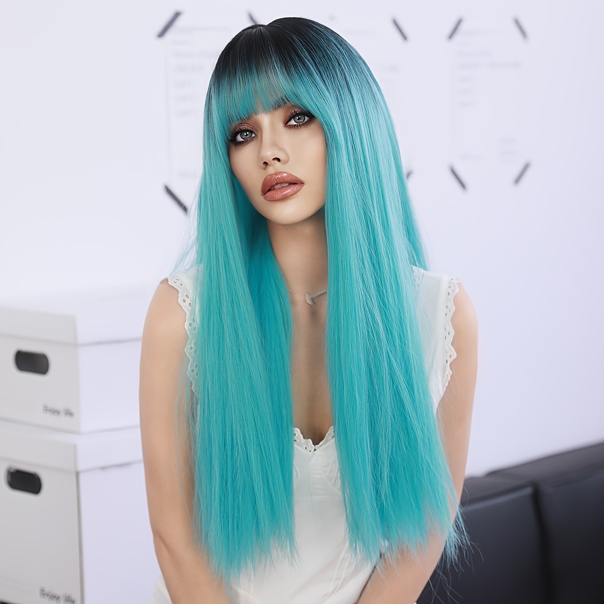 Synthetic Long Straight Black Ombre Light Blue Wig for Women High