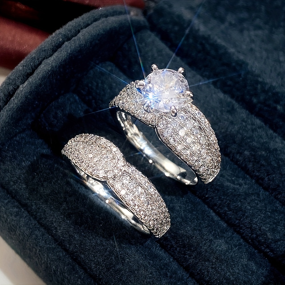2 Pcs Set 925 Silver Plated Bridal Zircon Ring, Engagement Gift