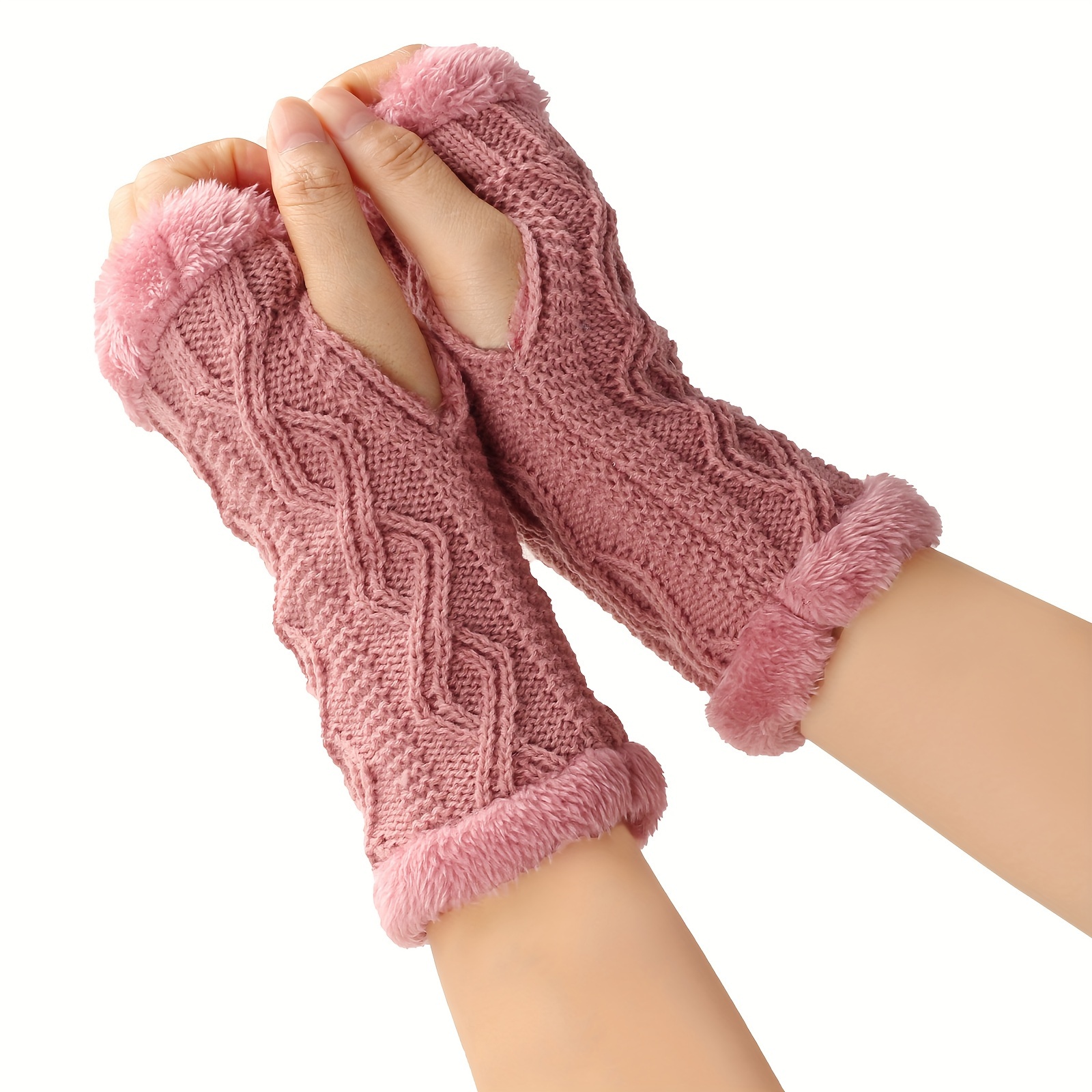 Solid Color Twist Knit Gloves Short Velvet Lined Warm Fingerless Gloves Winter Thick Warm Wrist Cover