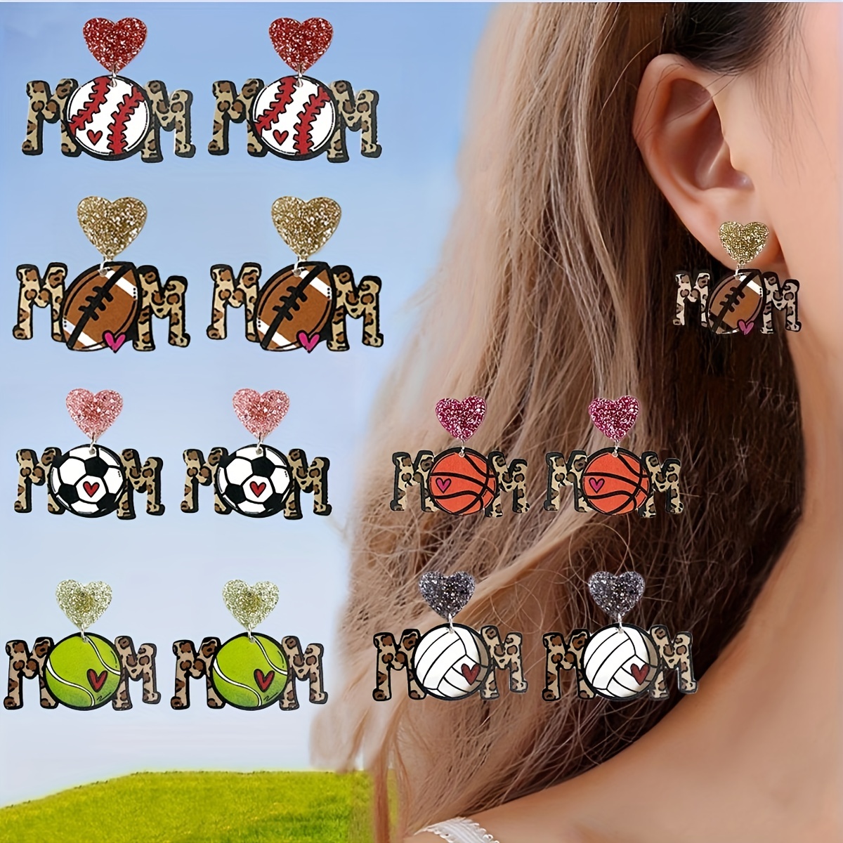

1 Pair Leopard Print Ball Shaped Charm Earrings, Football Baseball Basketball Rugby Fashion Earrings For Mother Gifts