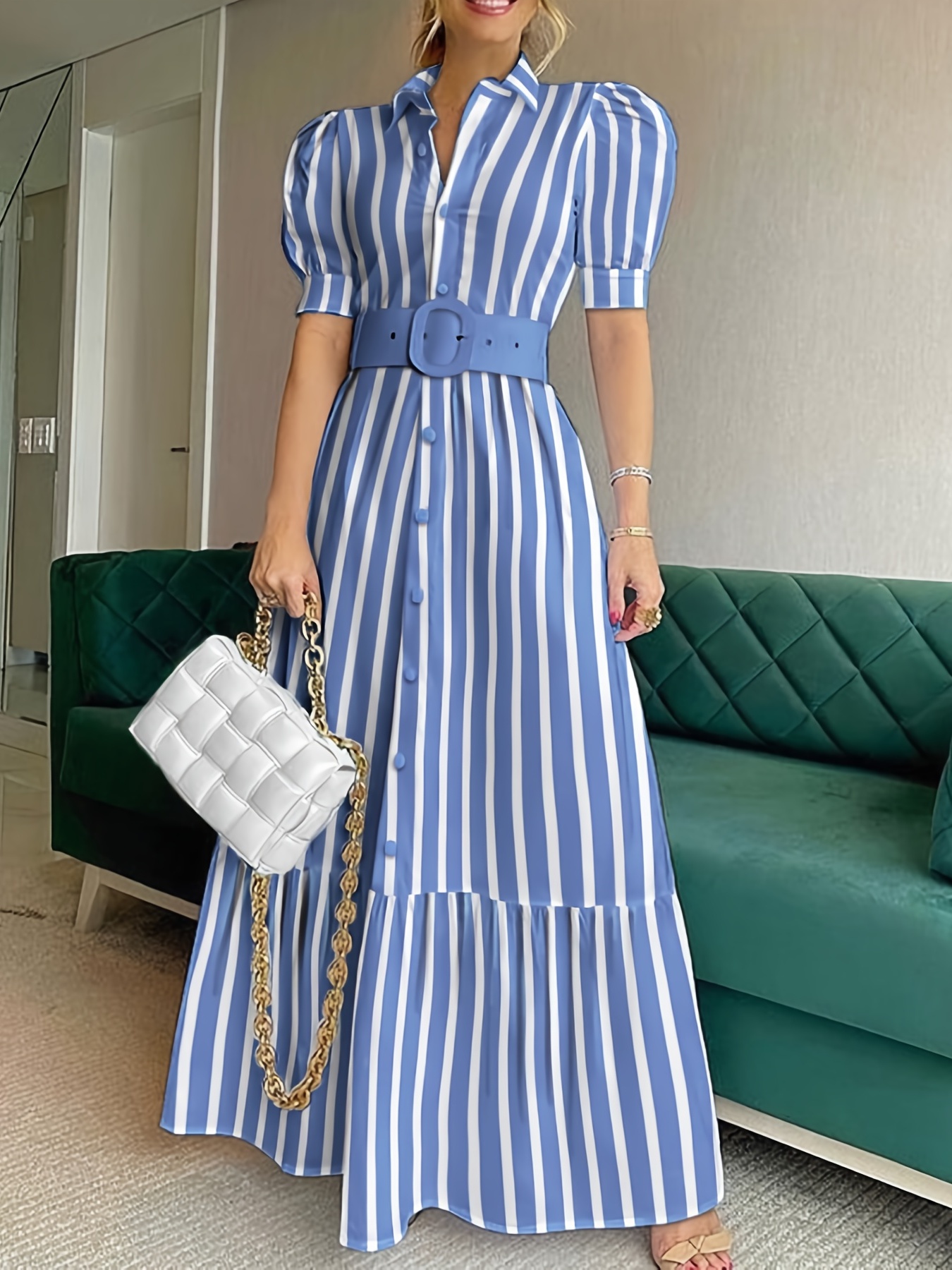 elegant striped lace up long dress short sleeve v neck swing belt summer long dresses womens clothing light blue 0