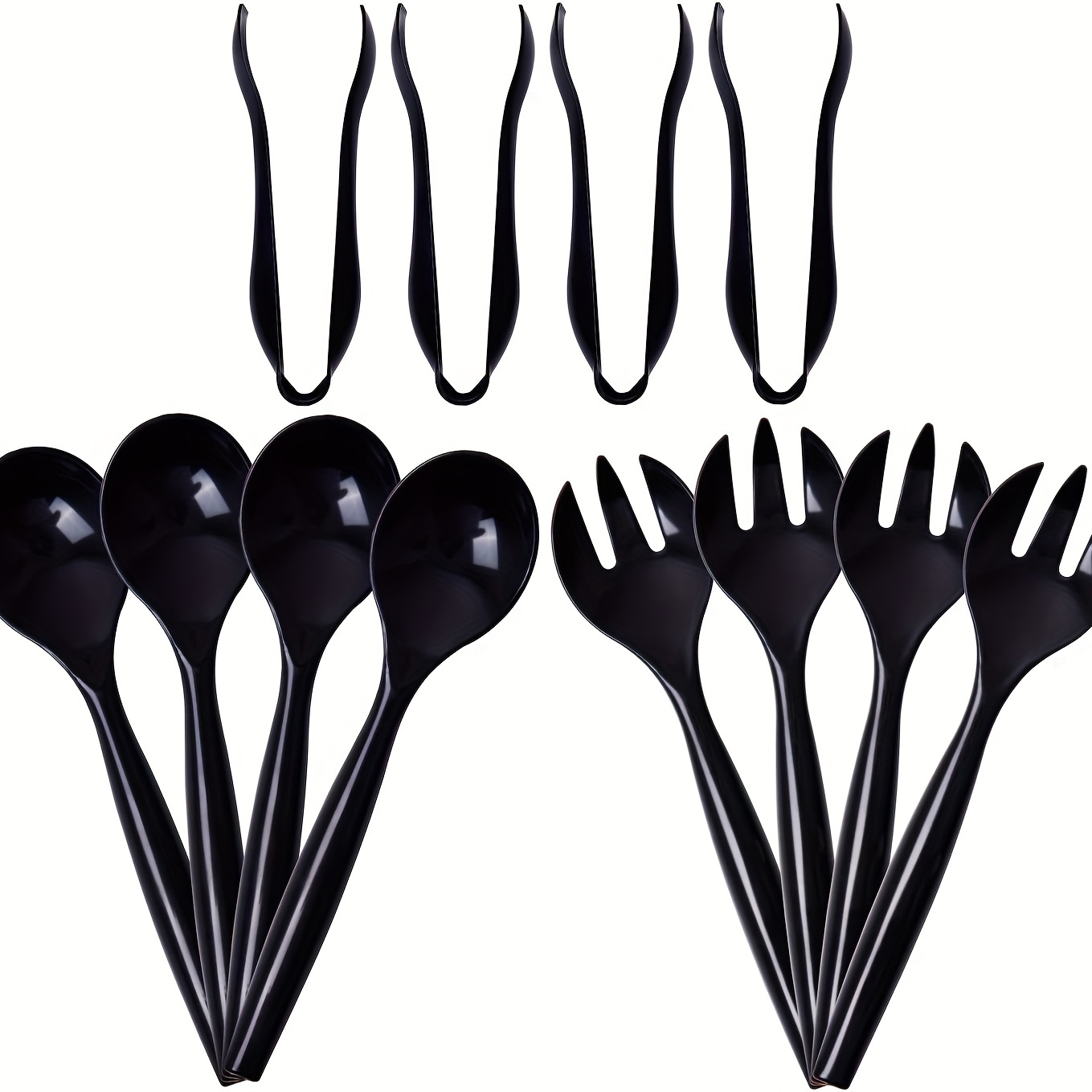 

12pcs Plastic Serving Utensils Set, Heavy Duty Disposable Serving Tongs Black Disposable Serving Set, 4 Spoons, 4 Forks, 4 Tongs