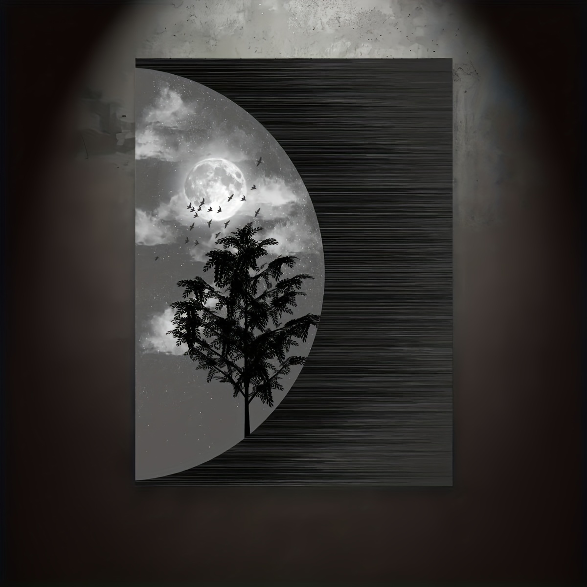 1pc Affiche En Toile Paysage Noir Et Blanc Lune For t D arbres