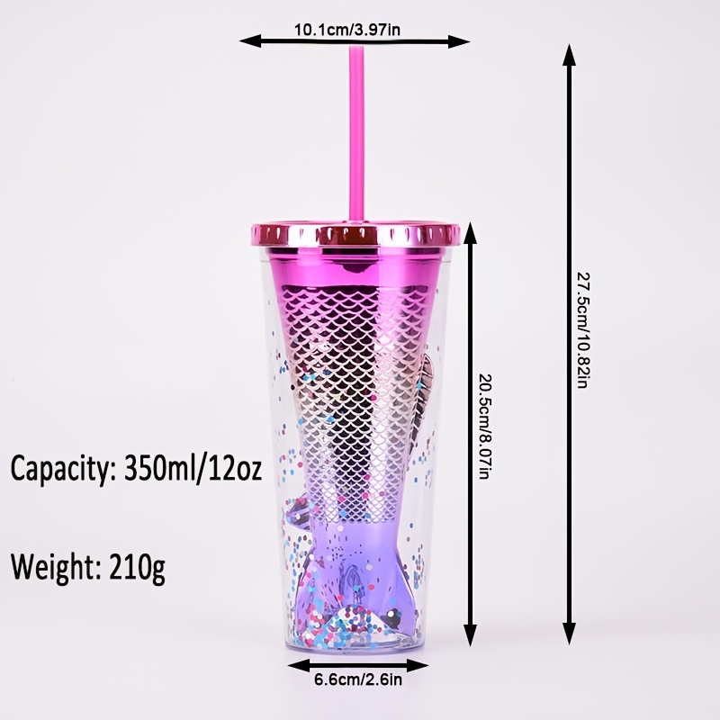 1pc Plastic Double Layer Insulated Large Capacity Gradient Mermaid Scale  Pattern Tumbler With Straw