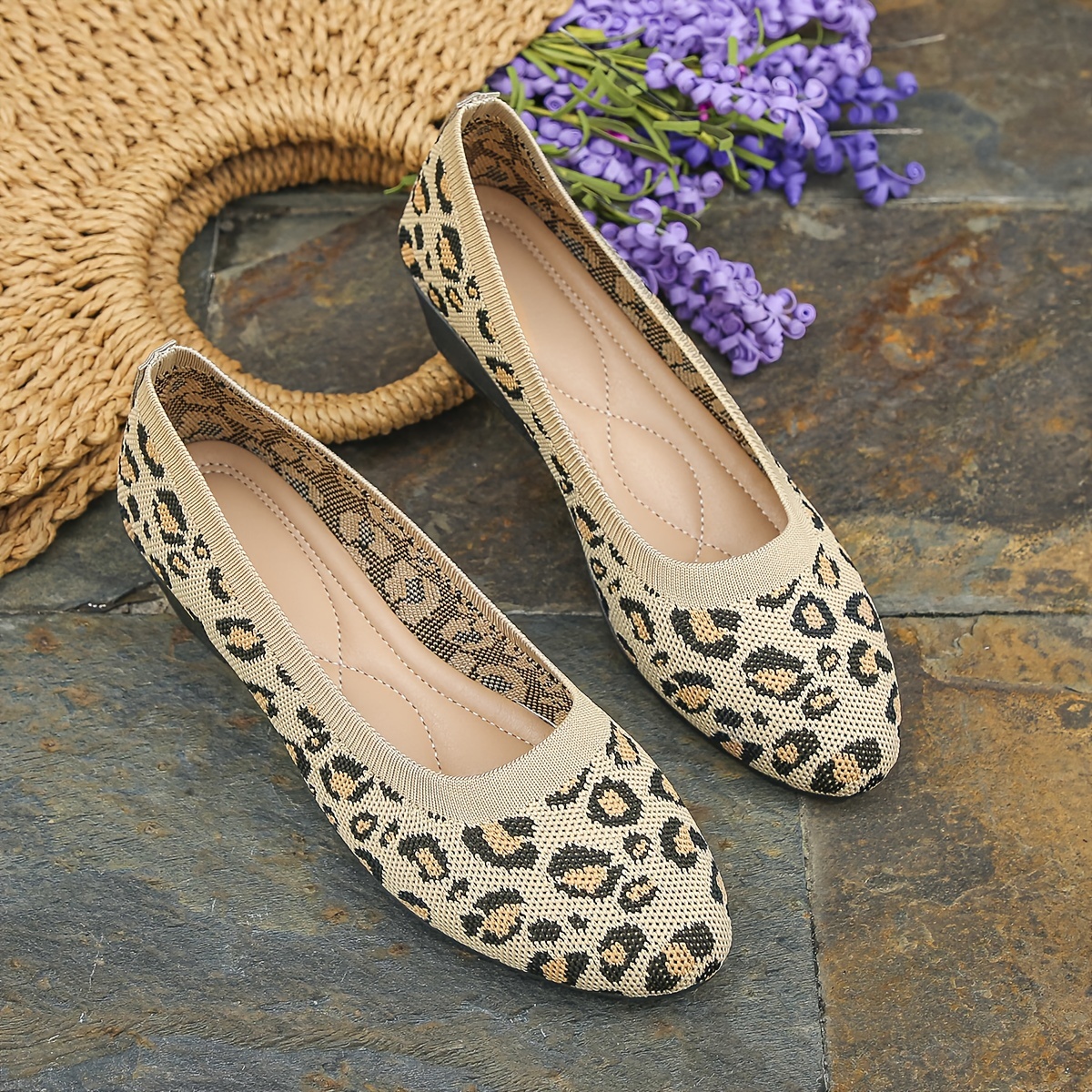 Leopard Print Wedge Heeled Knit Shoes - Casual & Lightweight