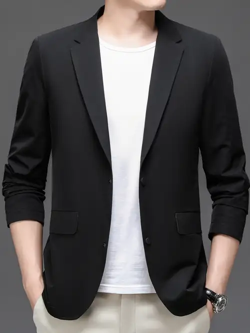Two Button Blazer, Men's Casual Solid Color Flap Pocket Suit Jacket For  Spring Fall Business - Temu