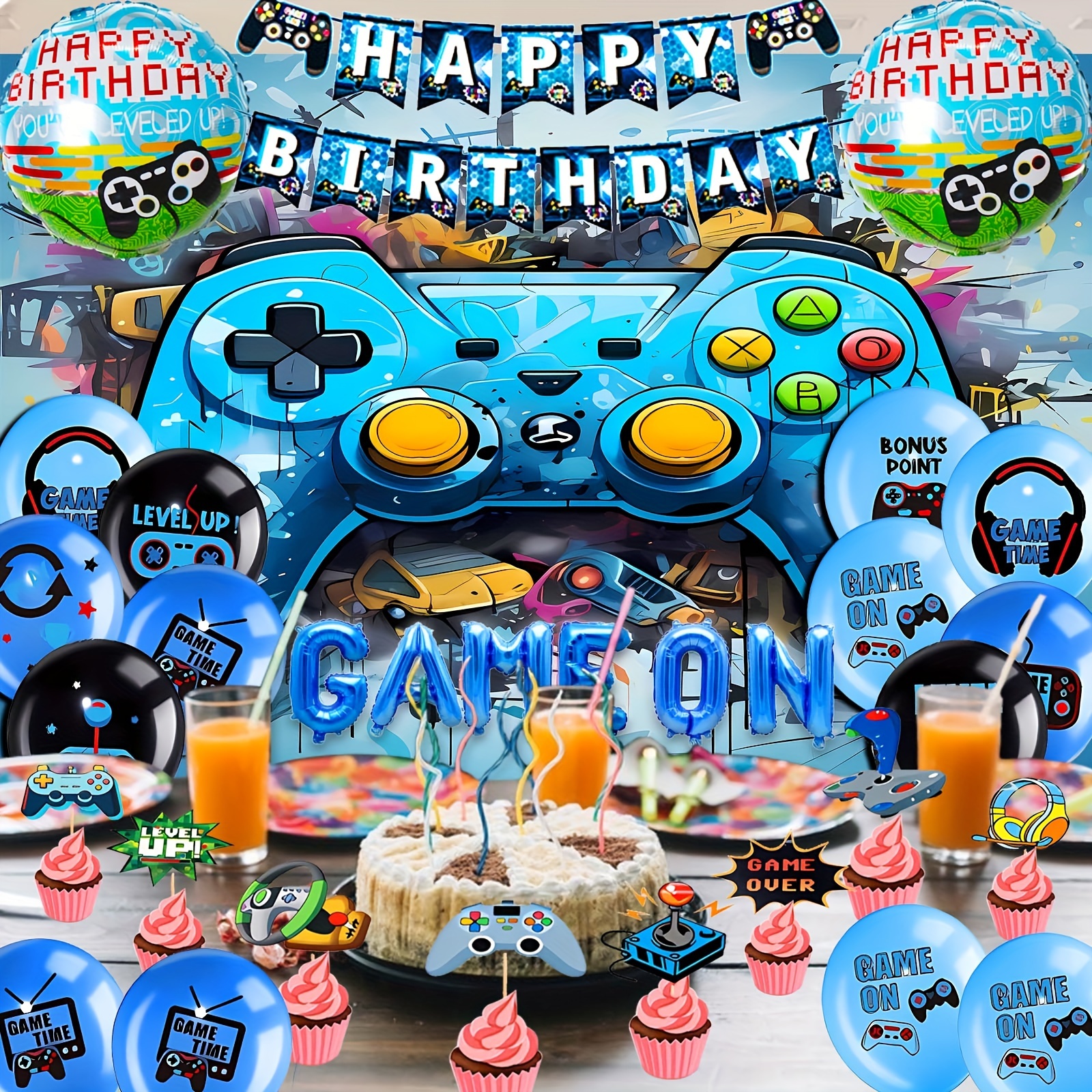  Suministros de fiesta de cumpleaños de Sonic - Los suministros  de fiesta de Sonic incluyen telón de fondo, pancarta de feliz cumpleaños,  adornos para cupcakes de pasteles, globos, espirales colgantes para