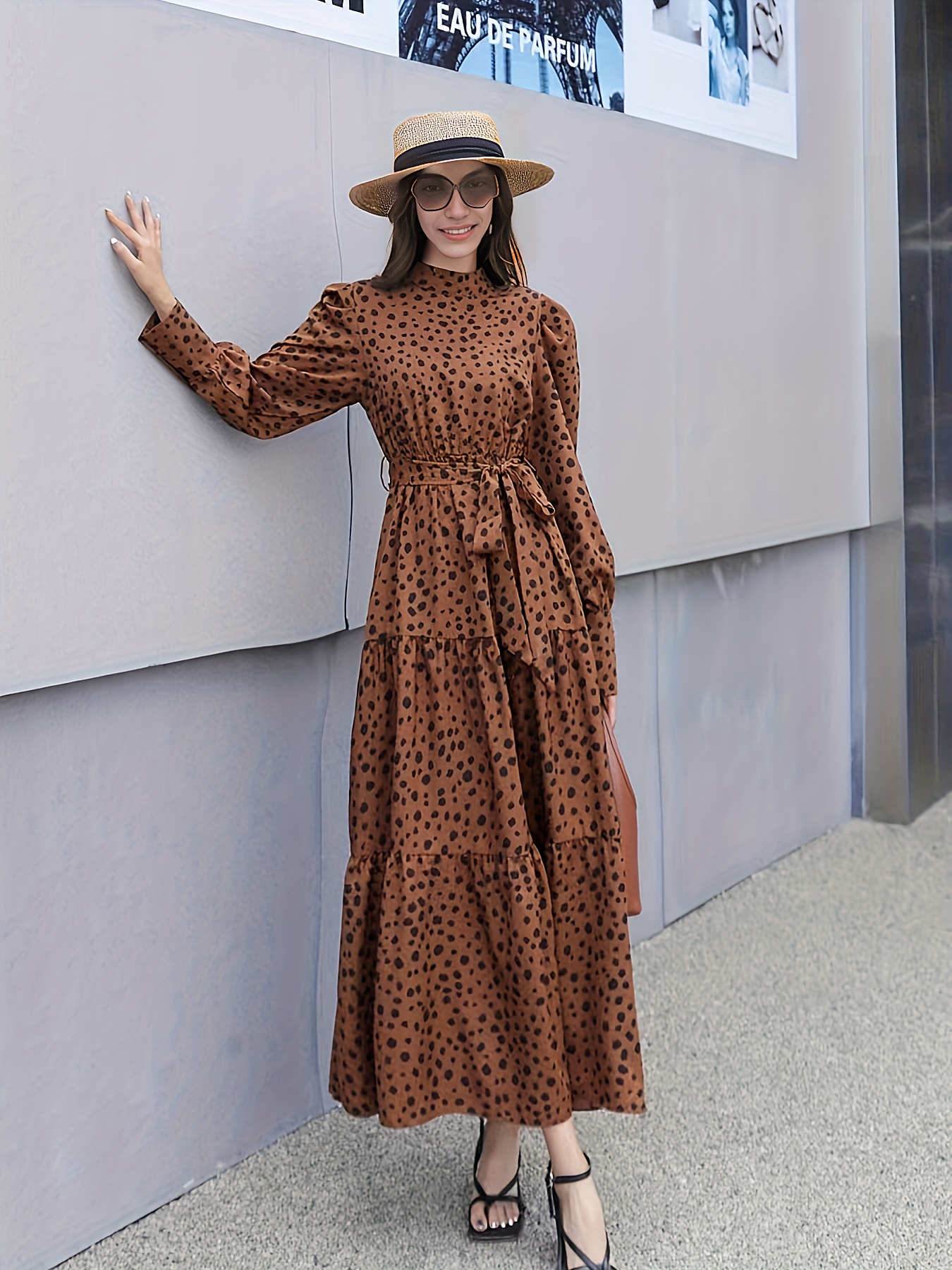 Dalmatian Print Maxi Dress, Elegant Mock Neck Long Sleeve Dress, Women's  Clothing