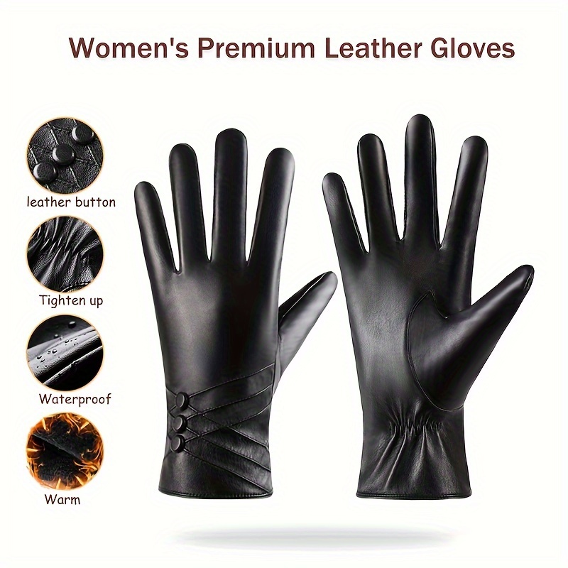 Stylish Black PU Leather Gloves Short Tighten Cuff Velvet Lined Warm Gloves  Winter Coldproof Waterproof Touchscreen Gloves