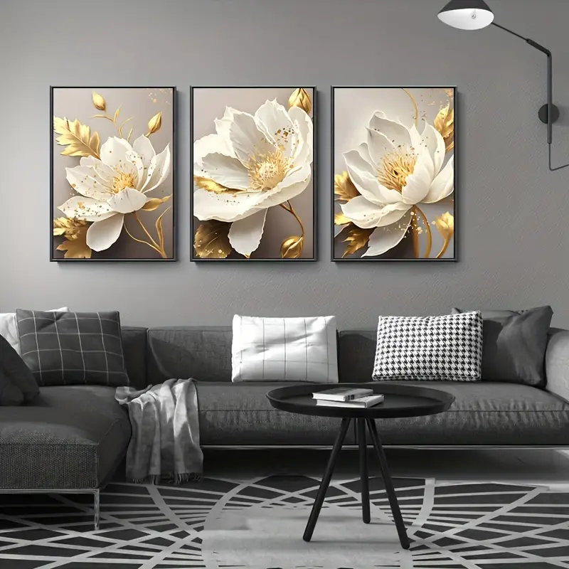 Black And Golden Flower Wall Art Canvas Painting For Living - Temu