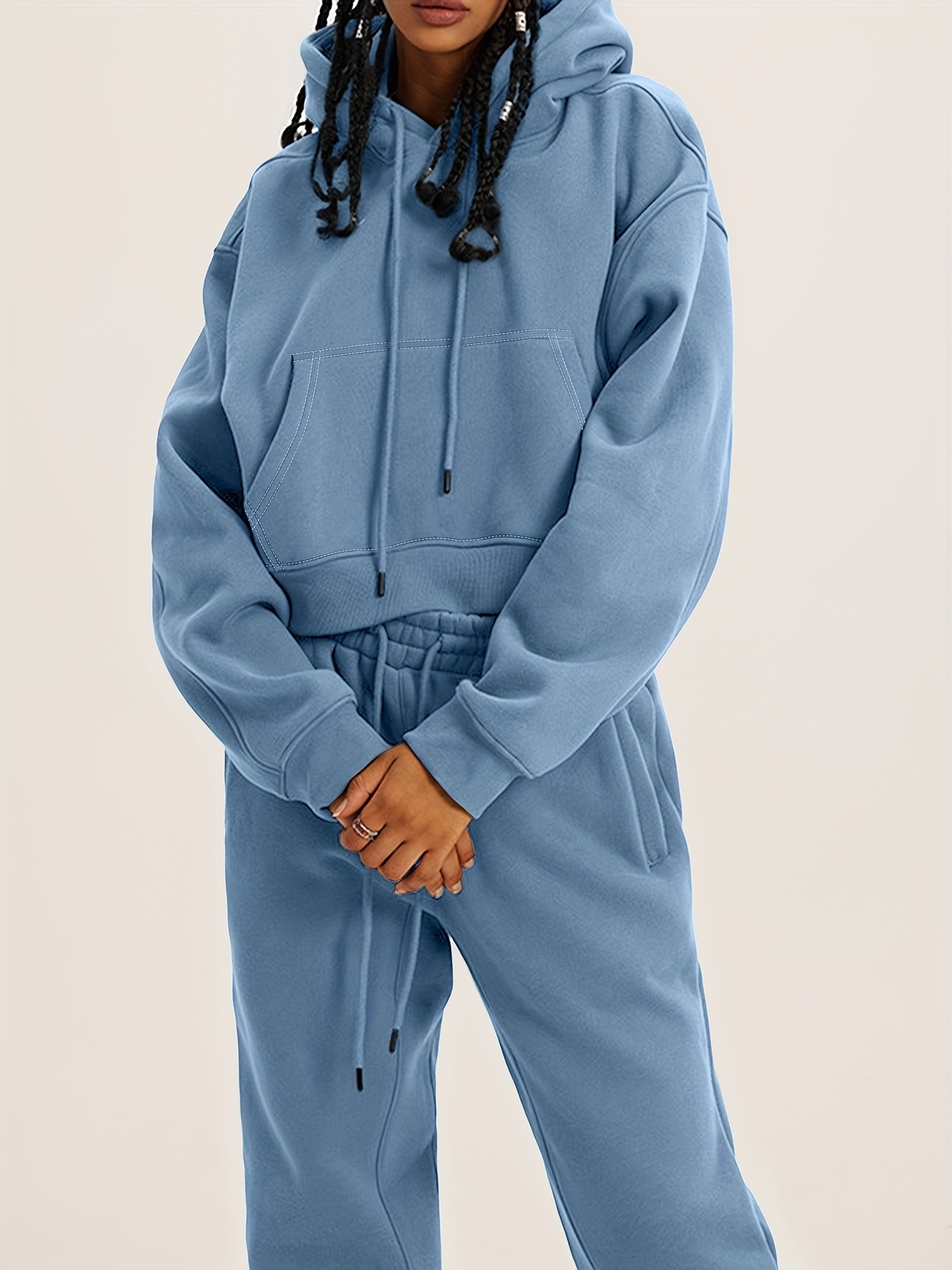 Casual Solid Two piece Set Kangaroo Pocket Hoodie Drawstring