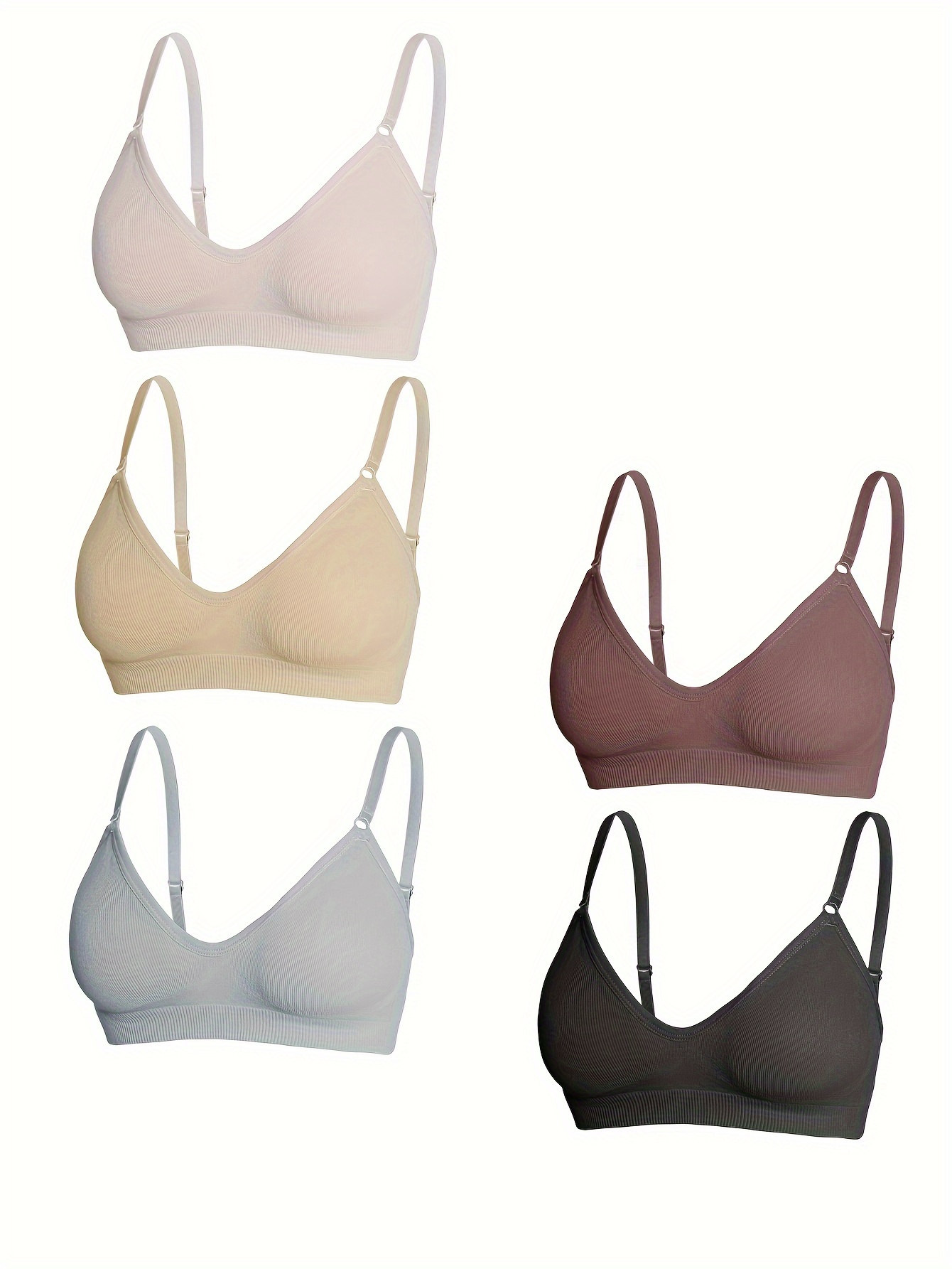 5pcs Soft Ribbed Bralettes, Comfort & Breathable Thin Strap Everyday Bra,  Women's Lingerie & Underwear