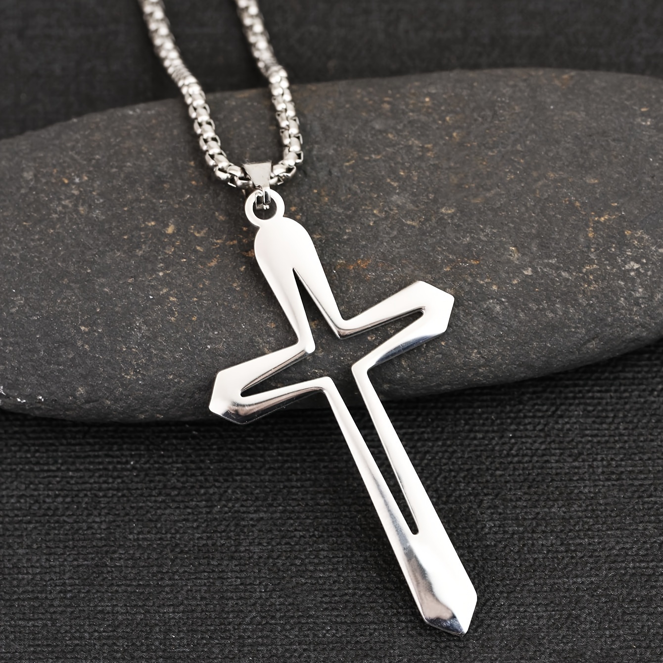 fashion design simple hollow cross pendant men s hip hop stainless steel necklace religious   amulet jewelry details 5