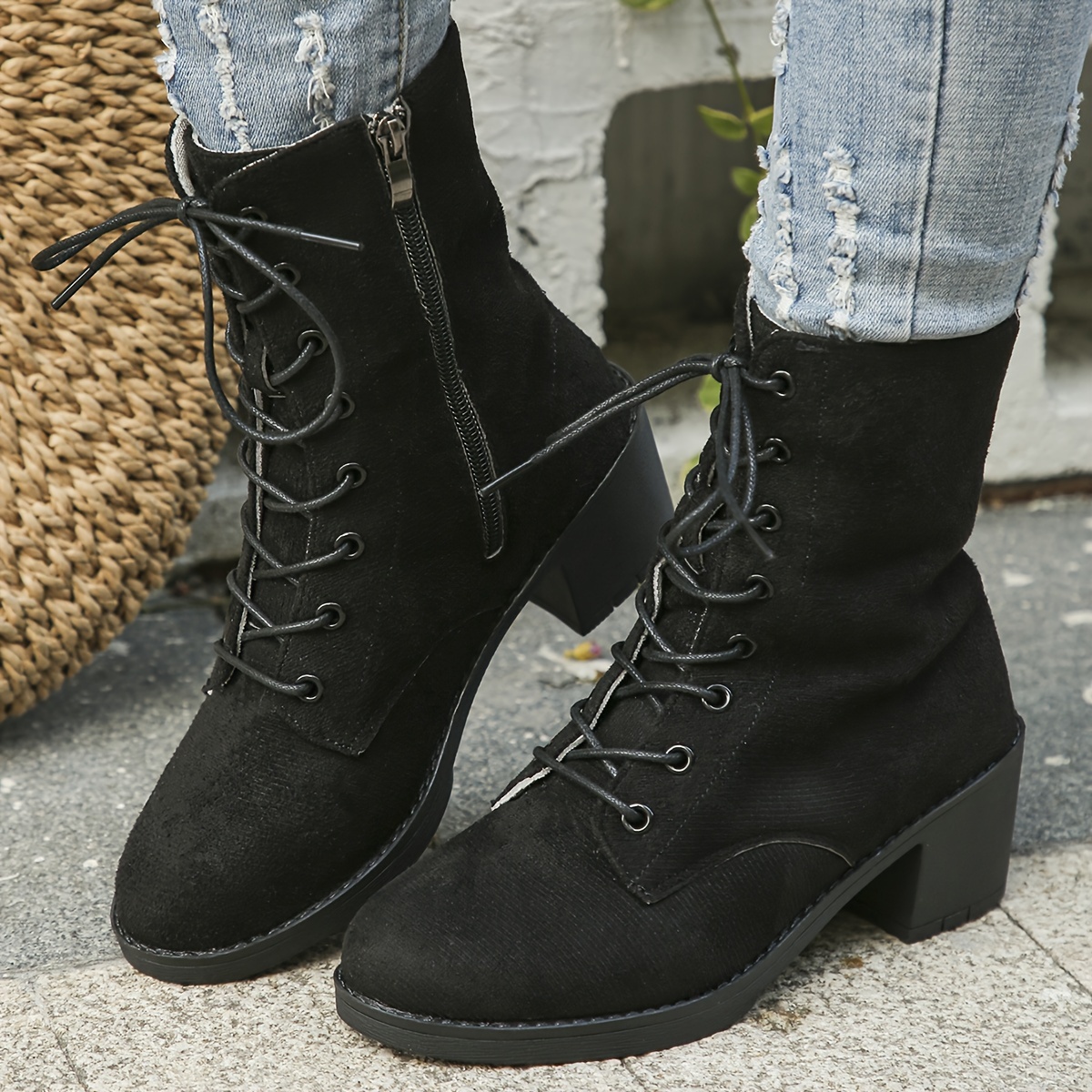 Women's Mid-Calf Boots with Rounded Toes and Decorative Laces - Dark Gray