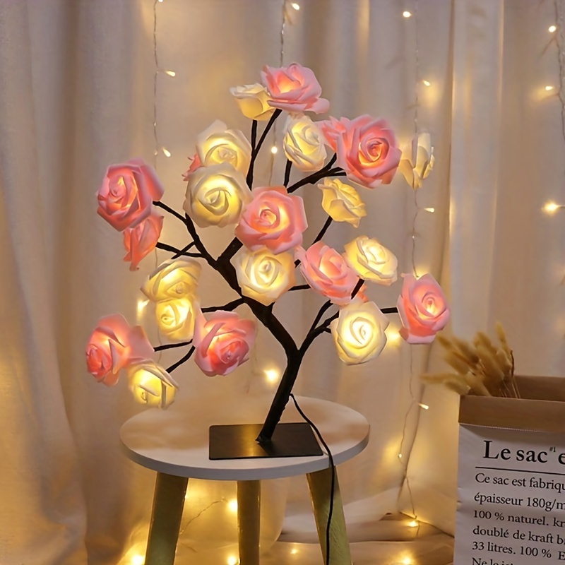 Led Rose Flower Table Lamp Valentine Tree Fairy Lights 24led - Temu