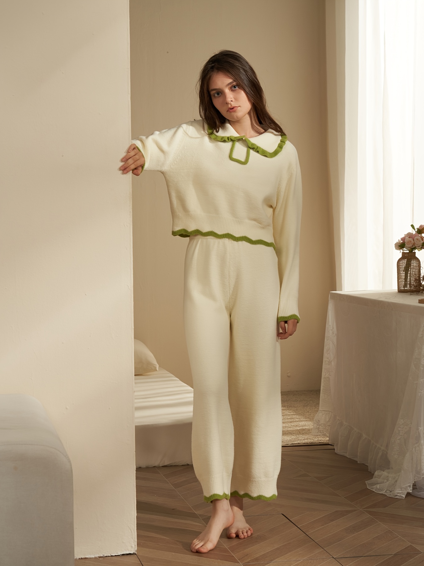 Thickened Warm Plush Home Pajamas Simple Long Sleeve V Neck - Temu