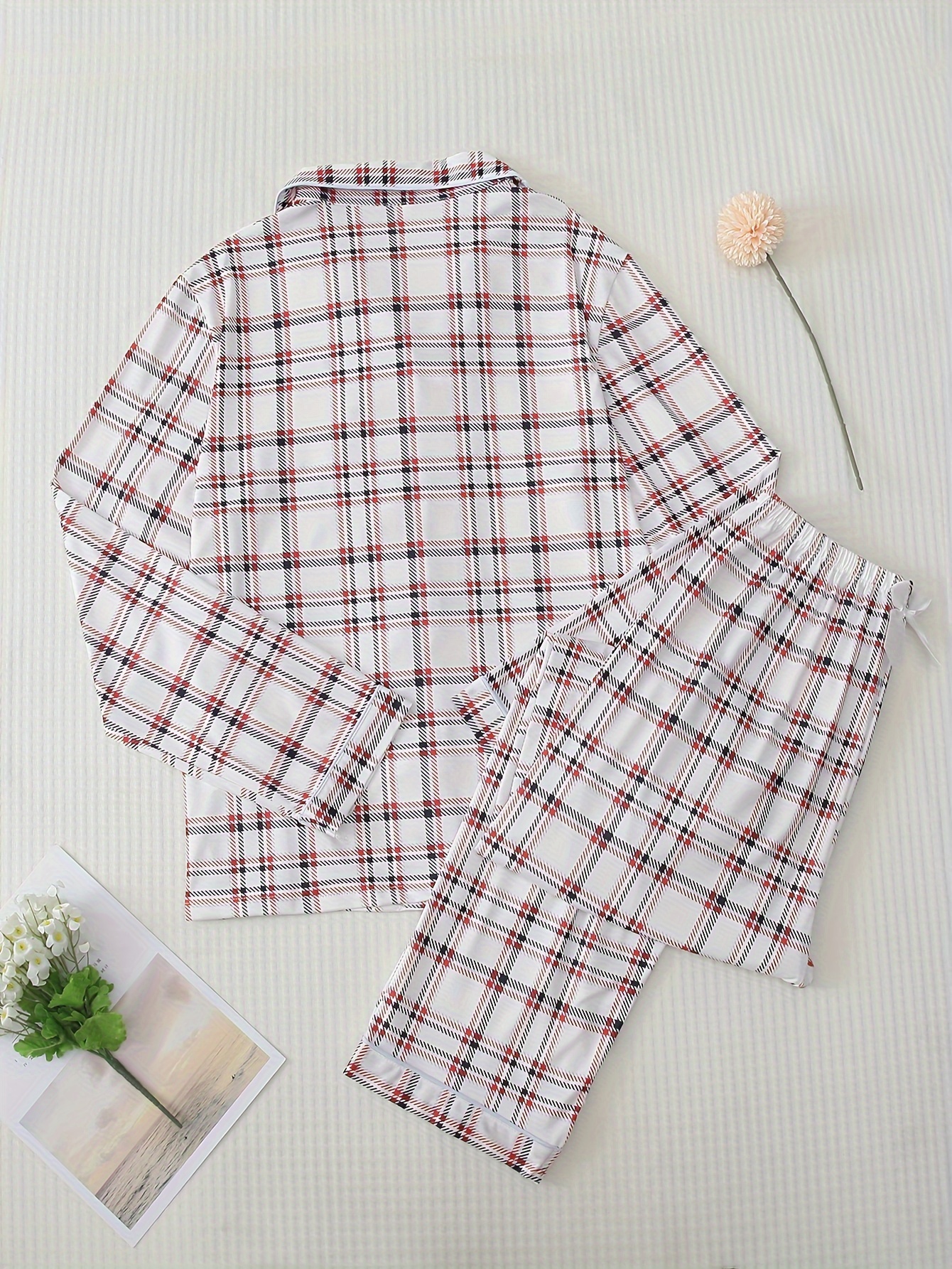 Plaid Print Pajama Set Long Sleeve Buttons Top Elastic - Temu