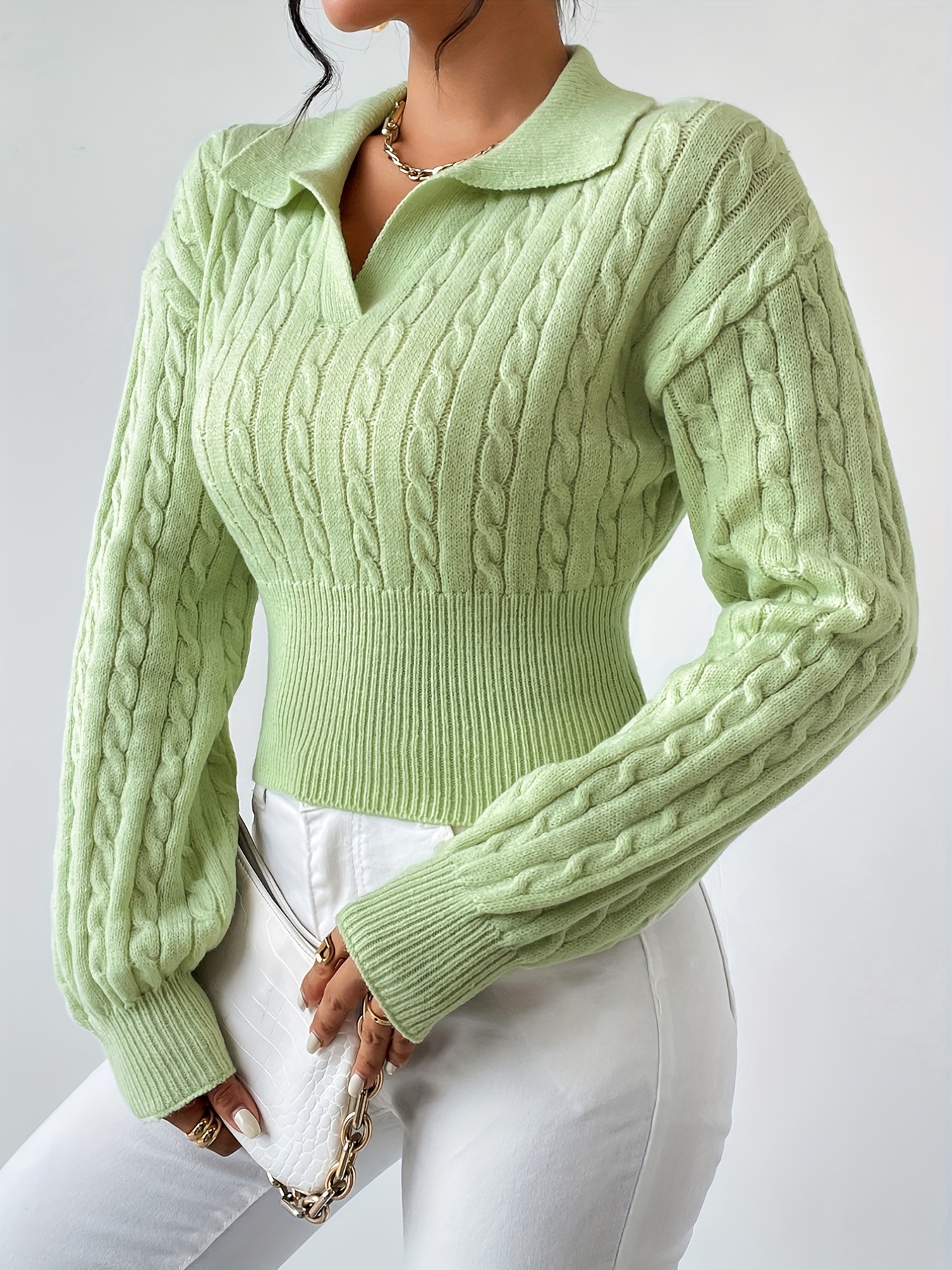 The Dark Green Lapel Ribbed Textured Knit Top