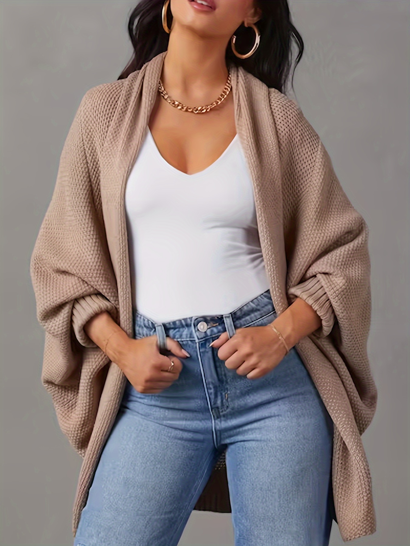 Solid Open Front Knit Cardigan Casual Batwing Sleeve - Temu United Kingdom