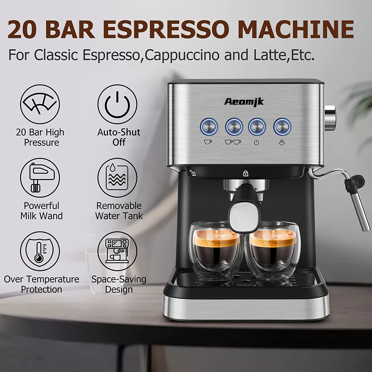Aeomjk Espresso Machine, 20 Bar Stainless Steel Espresso Maker with Milk  Frother Steam Wand, Coffee Machine for Cappuccino, Latte, Espresso Machines