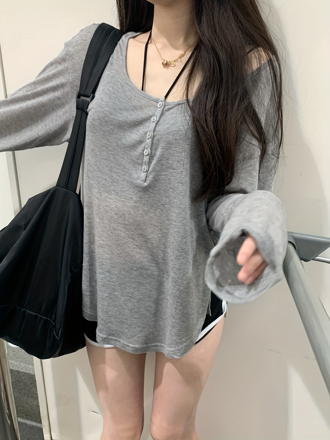 Plain Single breasted Scoop Neck Cover T shirt Top Long - Temu Canada