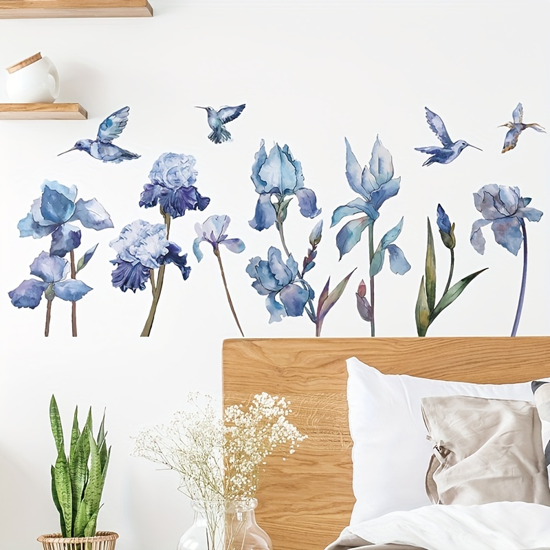 Blue Flowers Wall Stickers Blue Birds Vinyl Self Adhesive Temu