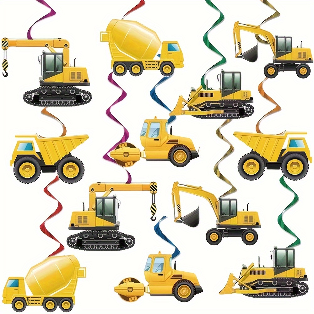 

24pcs, Engineering Car Birthday Party Decoration Spiral Pendant Family Party Wall Layout Theme Ceiling Decoration Yellow Excavator Pendant Home Room Decor