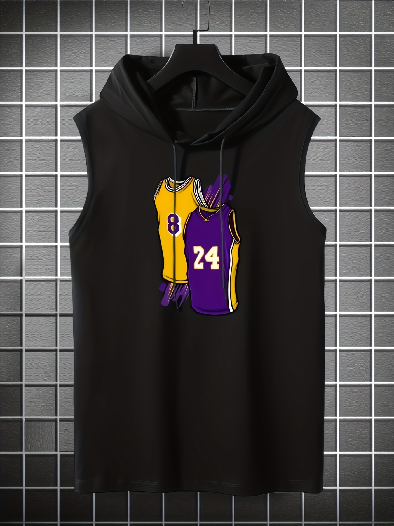 Basketball Jersey Pattern Hooded Tank Top, Men's Casual Stretch