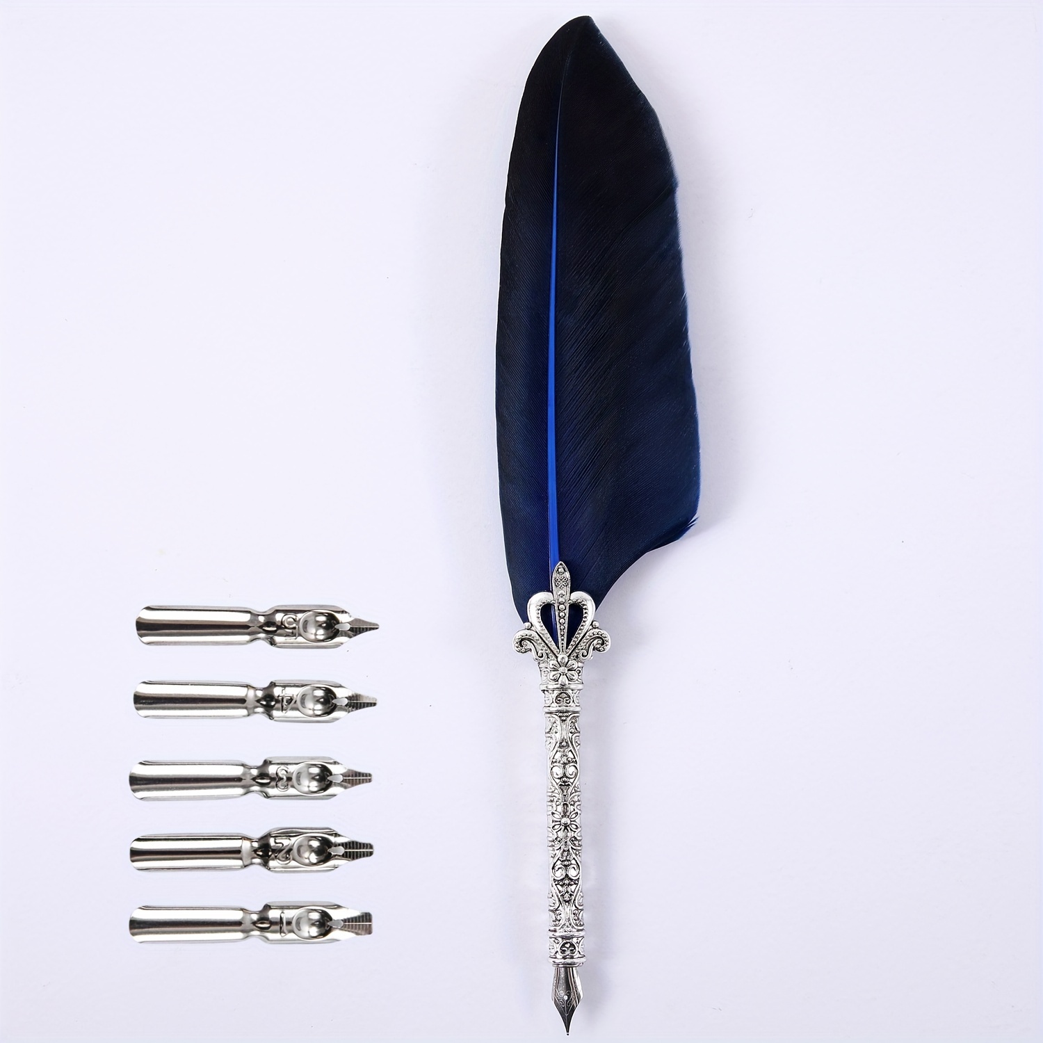 Feather Pen Set: Feather quill, wood pen, metal nibs, and ink