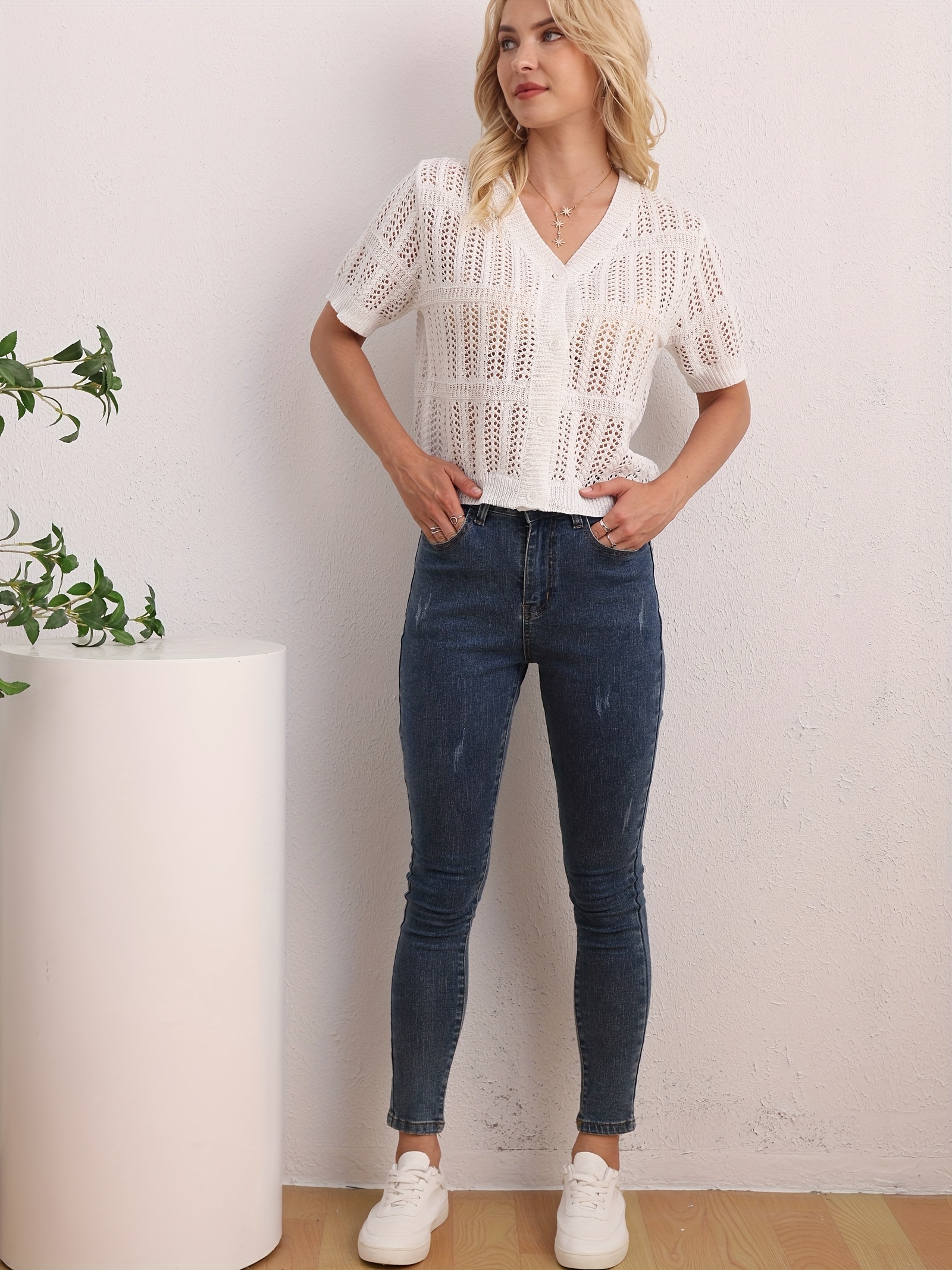 Eyelet Button Up Short Sleeve Cardigan for Summer