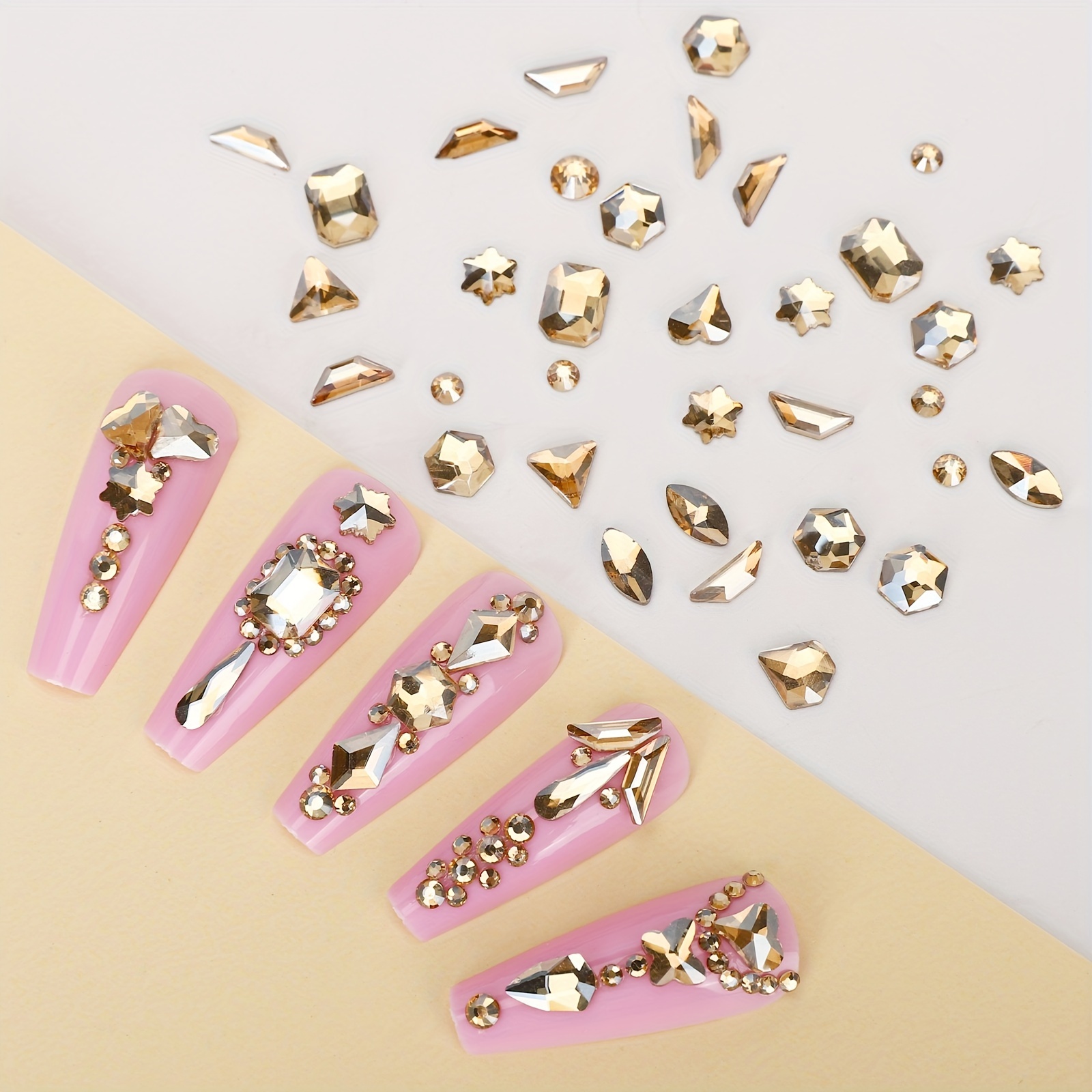  HINABTRU Gold Rhinestones for Nails Champagne Nail Gems  Diamonds-7220Pcs Gold Nail Crystals Jewels-Nail Charms Accessories for Nail  Decoration(14 Different Shape+ 6520 Round Gold Nail Stones+Wax Pen) :  Beauty & Personal Care