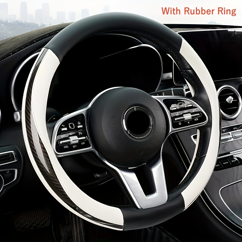 

1pc Car Steering Wheel Cover Breathable Anti Slip Black White Carbon Fiber Printing Pu Leather Steering Covers Suitable 38cm With Rubber Ring
