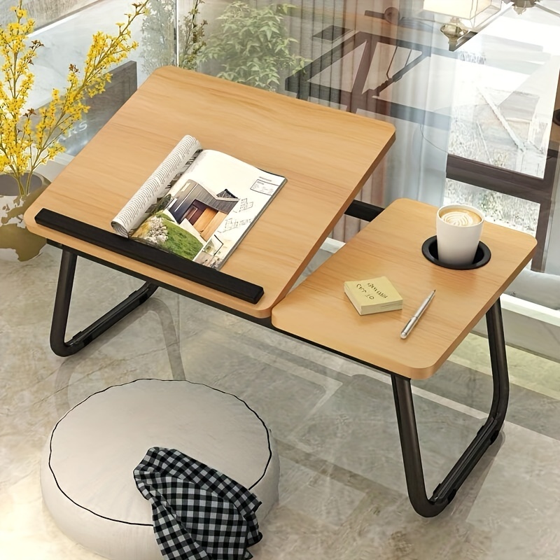 SAIJI Mesa de cama para laptop, mesa de cama ajustable de cuero de PVC,  escritorio de pie portátil con cajón de almacenamiento, mesa plegable para