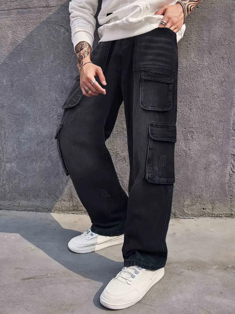 Wide Leg Cotton Jeans Men's Casual Street Style Loose Fit - Temu
