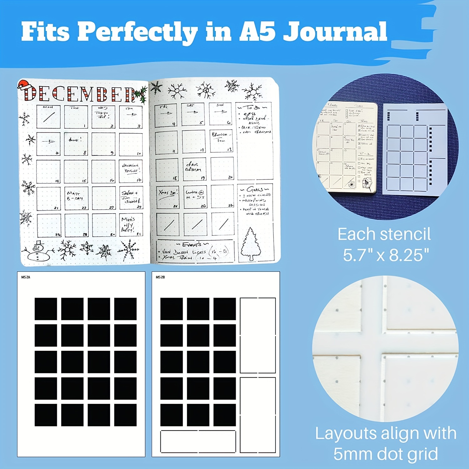 6Pack Reusable Plastic Weekly Layouts Journal Stencils for A5 Bullet Dot  Grid Notebook, Save Time on Full-Page