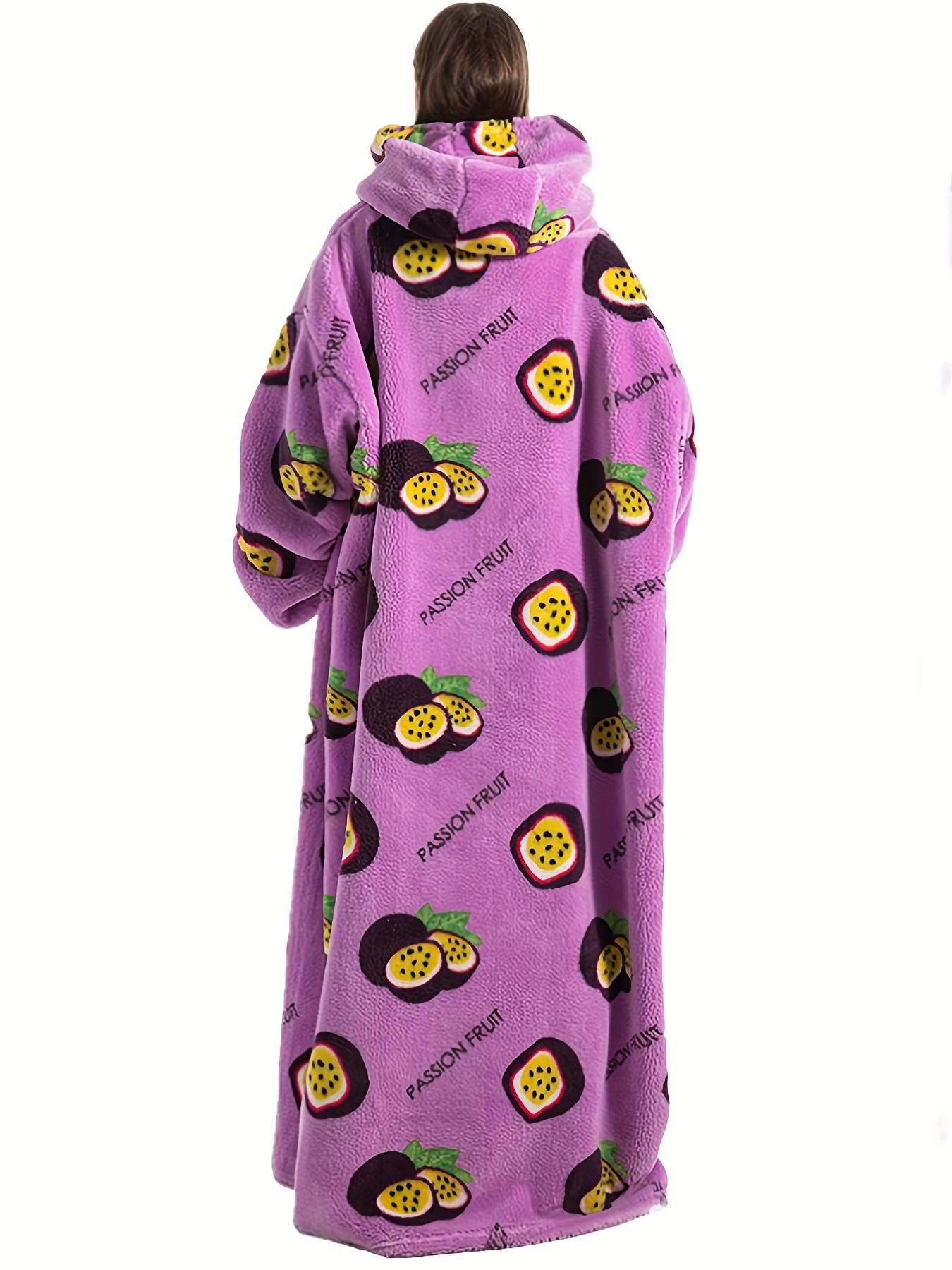 Passion Fruit Print Lounge Robe Long Sleeve Hooded Fuzzy Lounge Robe