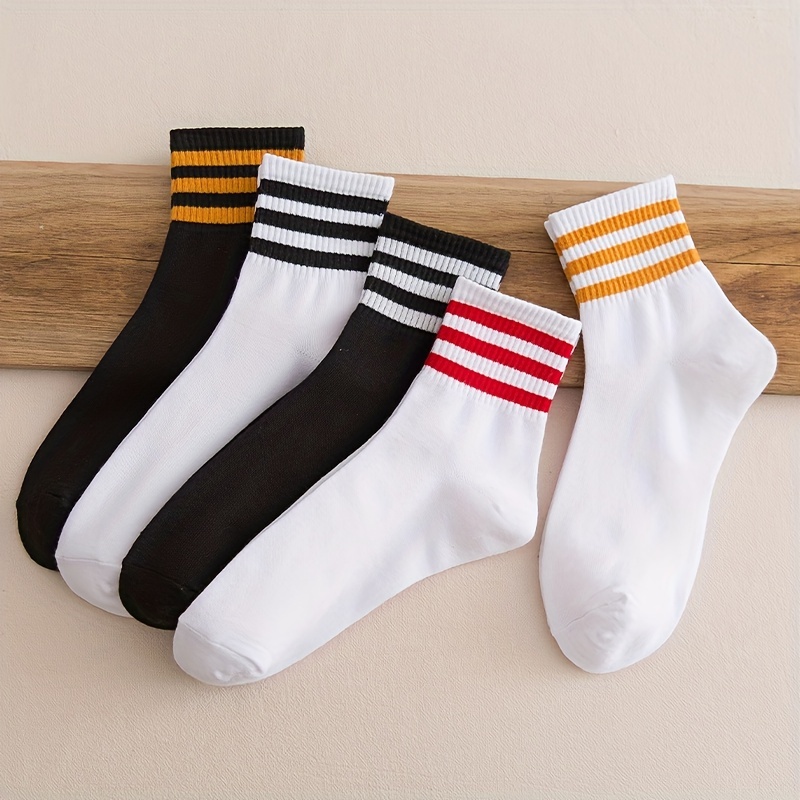 

5 Pairs Striped Sports Socks, College Style Simple All-match Socks, Women's Stockings & Hosiery