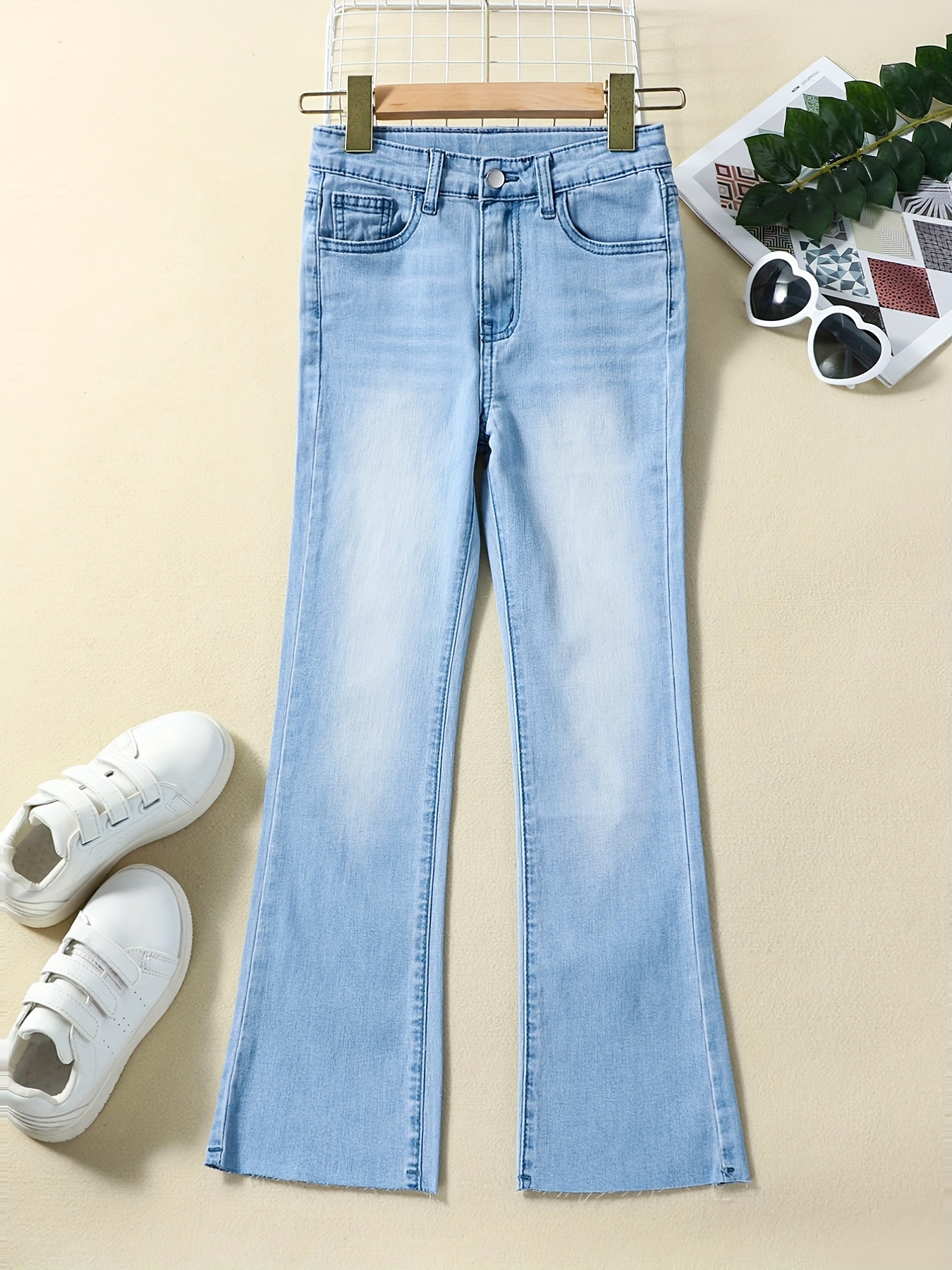 Teen Girls Fashion Light Washed Split Hem Flare Jeans Casual - Temu