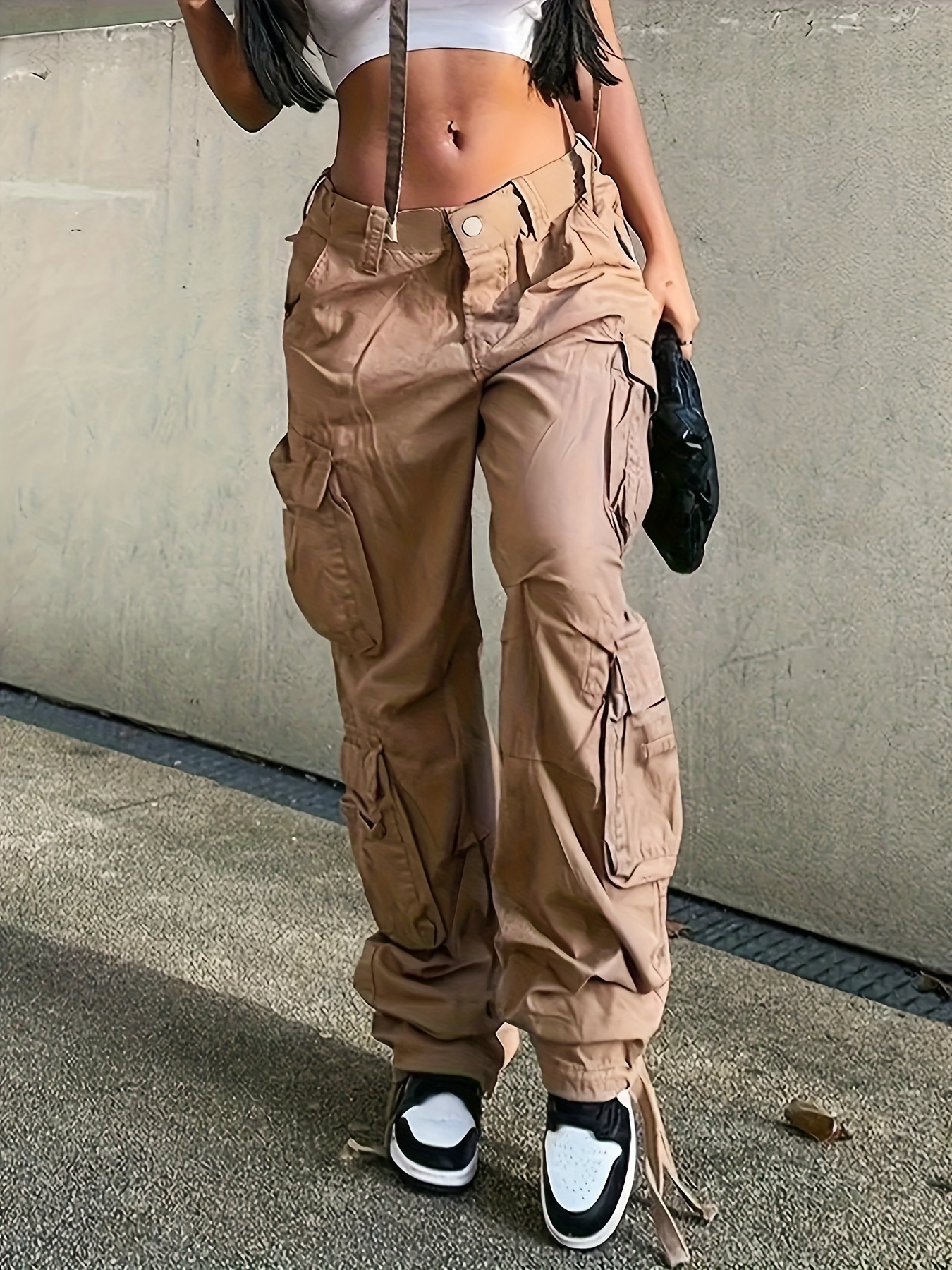 Plain Cropped Halter Top / Mid-Waist Plain Loose-Fit Cargo Pants