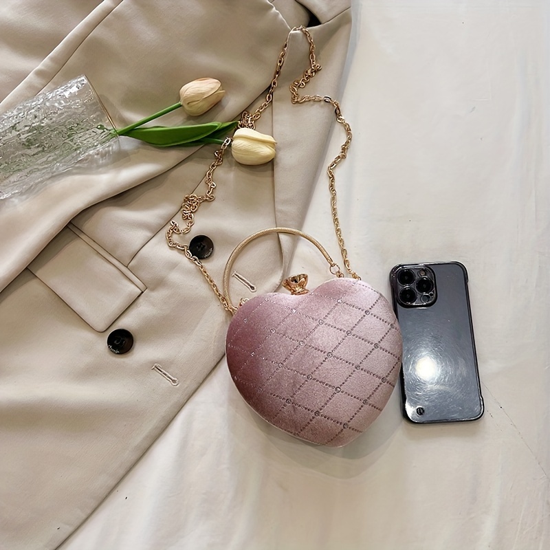Heart Shaped Purse, Glitter Chain Crossbody Bag, Women's Rhombus