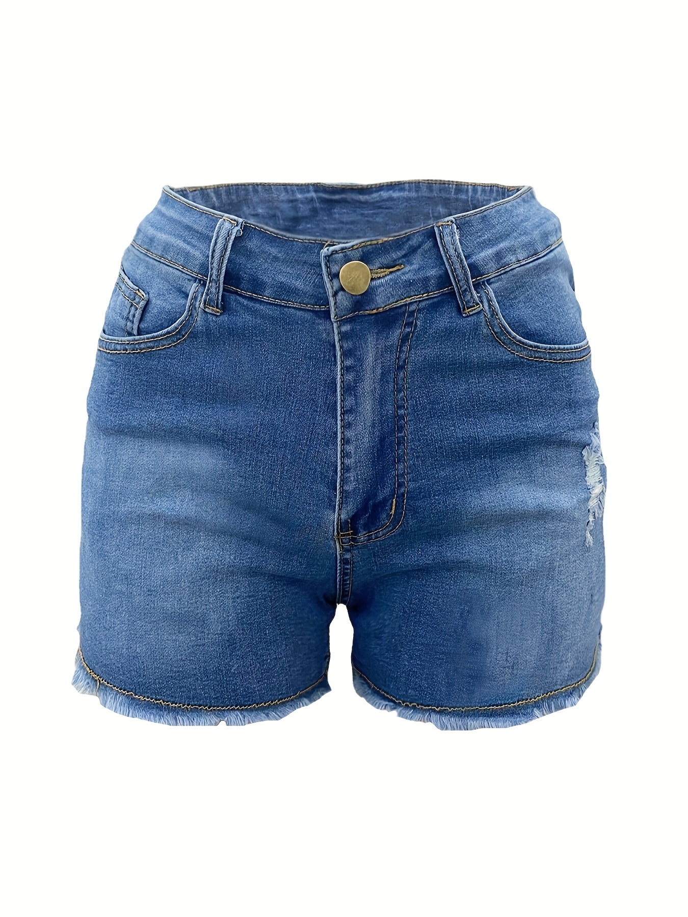 Slash Pockets High stretch Ripped Denim Shorts Hem Short - Temu