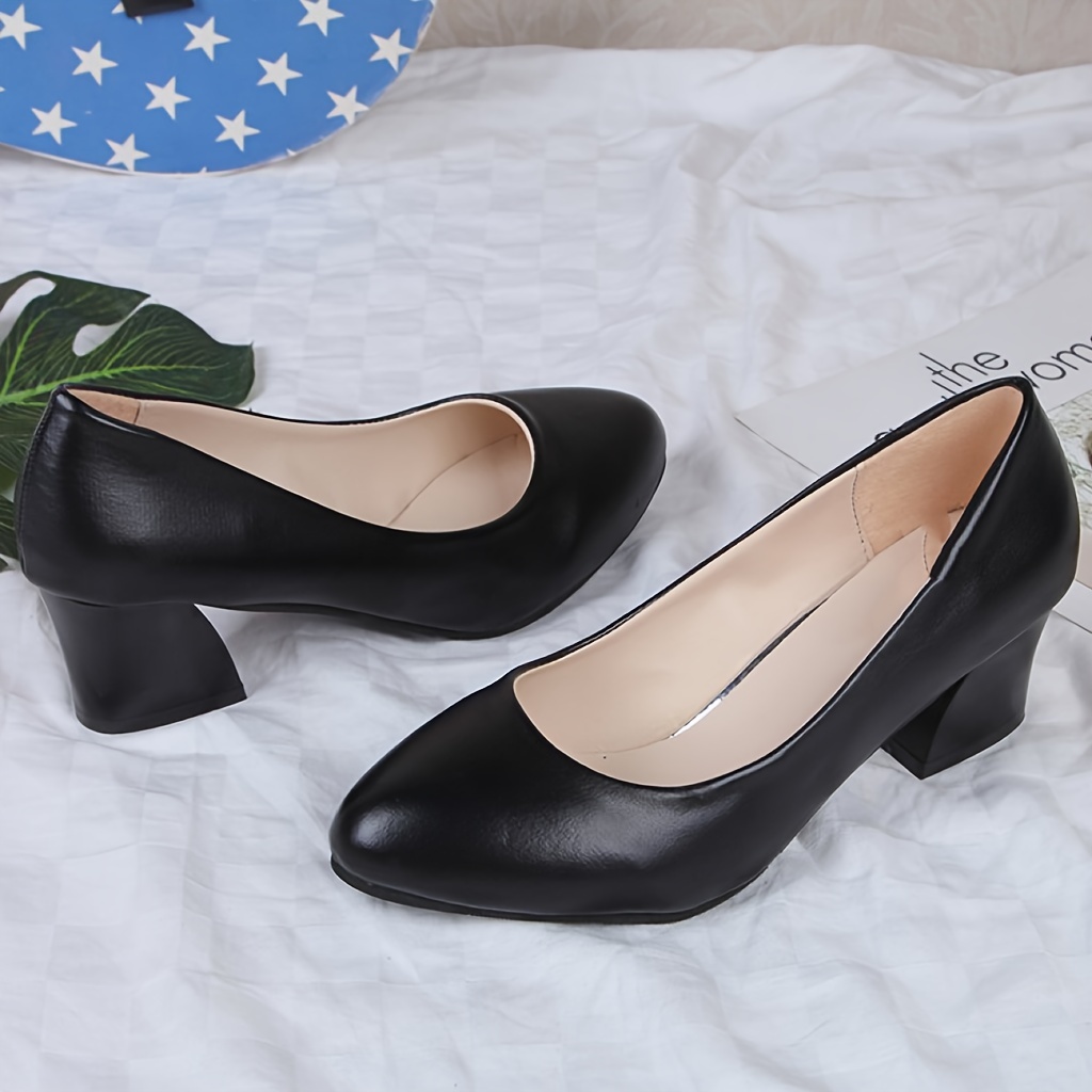 Ladies Court Shoes  Black Memory Foam Block Heels - Footwear Studio