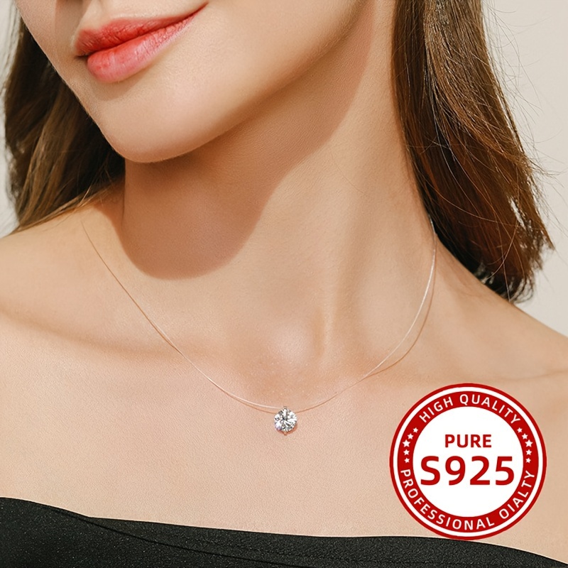 

S925 Sterling Silver Transparent Inlaid Zircon Necklace Simple Single Zircon Pendant Hypoallergenic Clavicle Chain For Women