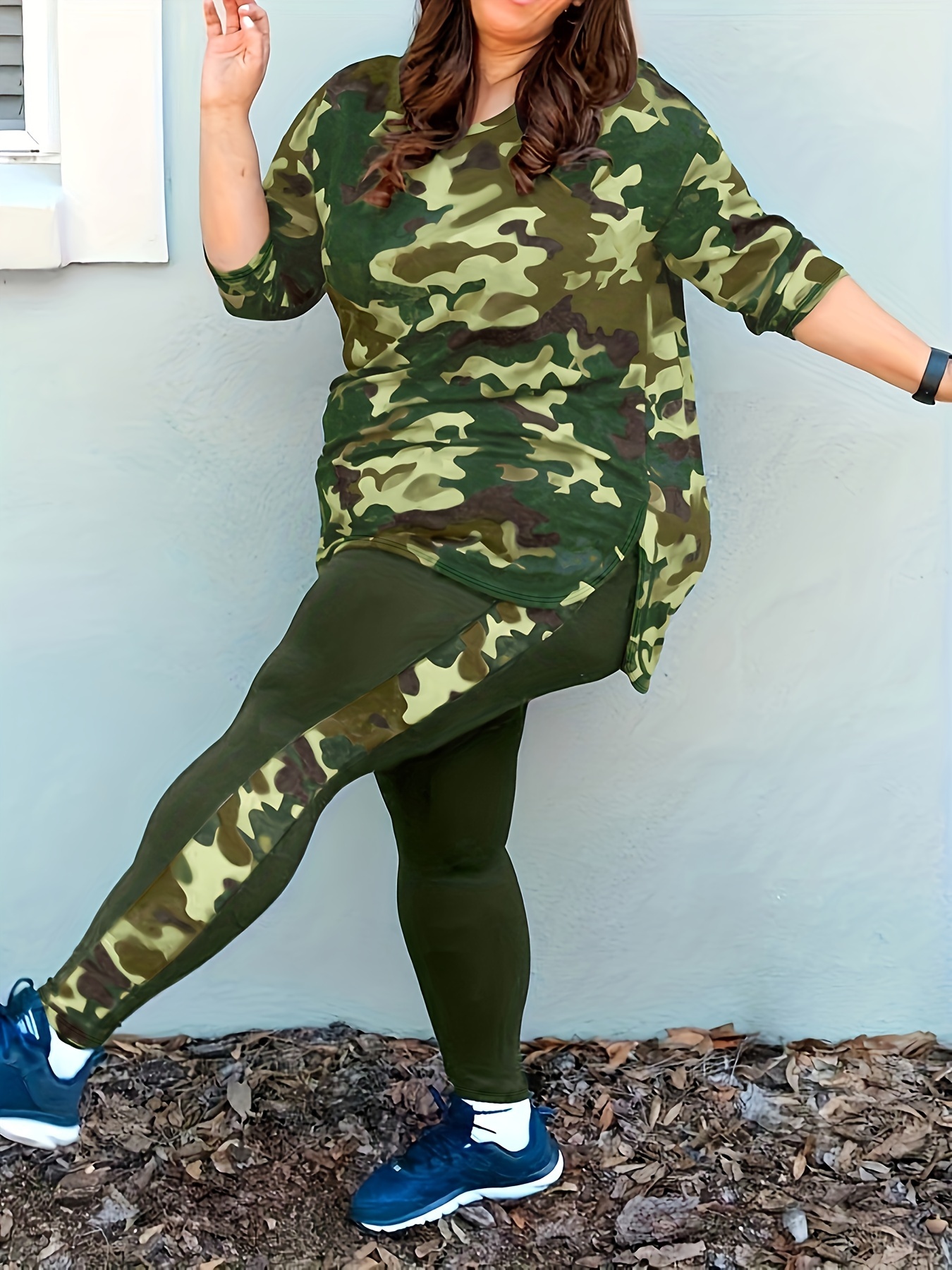 Plus Size Casual Outfits Set Women's Plus Camo Long Sleeve - Temu