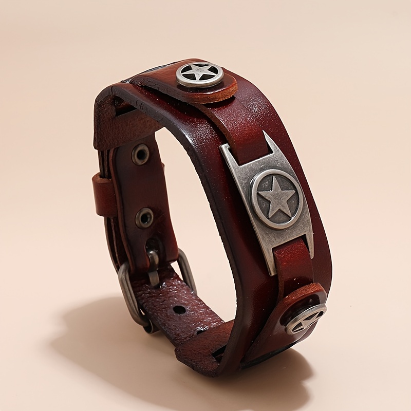 1pc pulsera de hombre de cuero   premium estilo punk rock con diseño de   estrellas de aleación de   - brazalete     para moda de tendencia, pulsera casual|joyería de declaració etalle de estrella   4