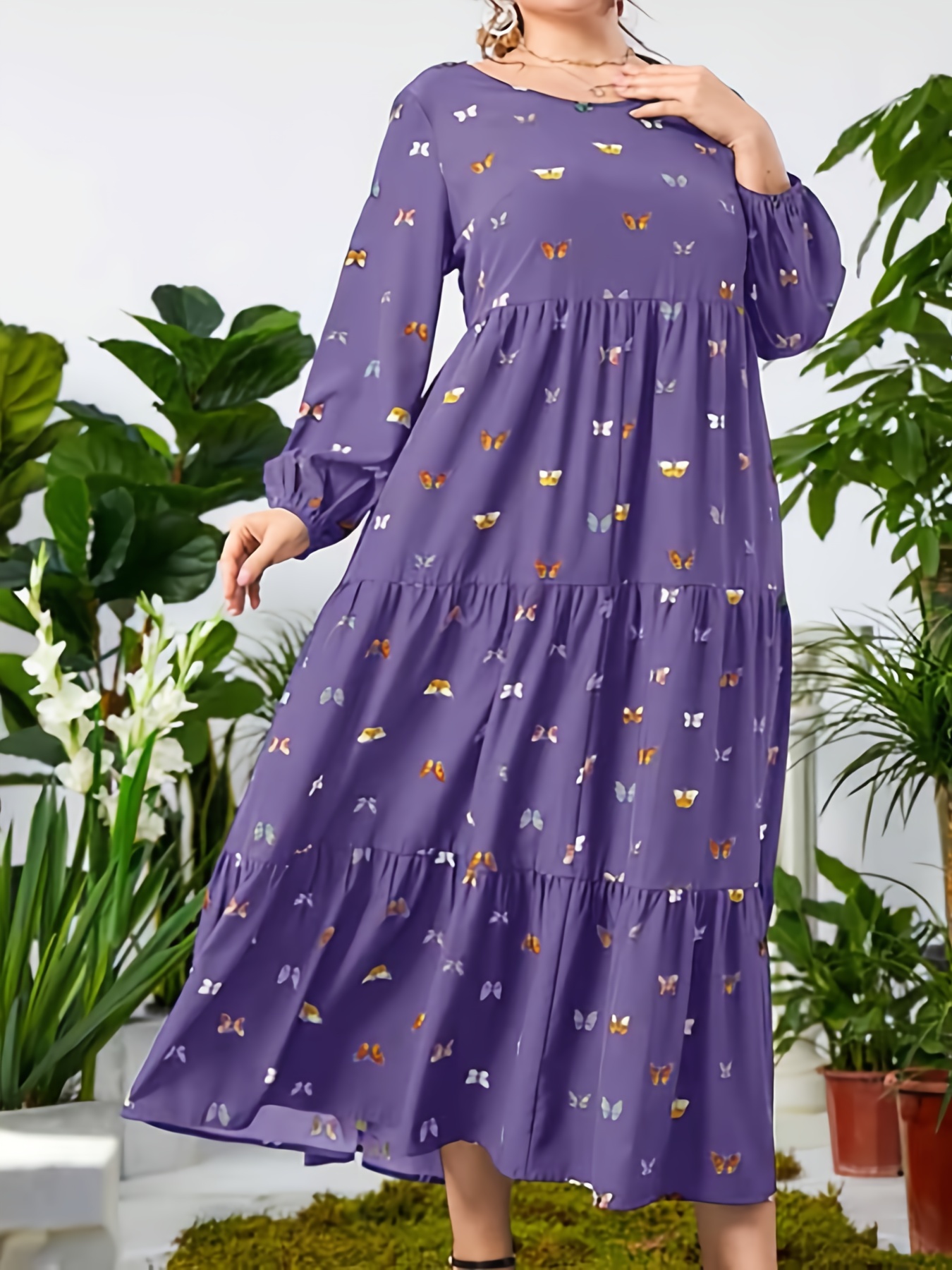 Vestido Largo Manga Farol Cuello Redondo Estampado Mariposas - Temu Mexico