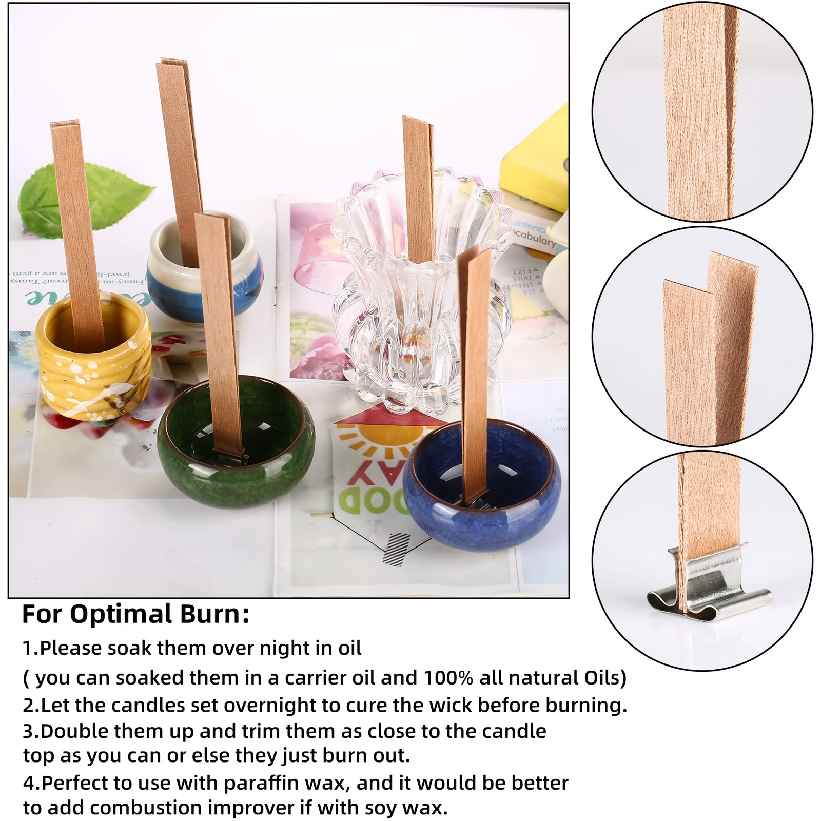Wood Candl Wick Candle Wicks With Base Wooden Candle Wick Set Core For  Candle Making Supply Soy Parffin Wax 50Pcs