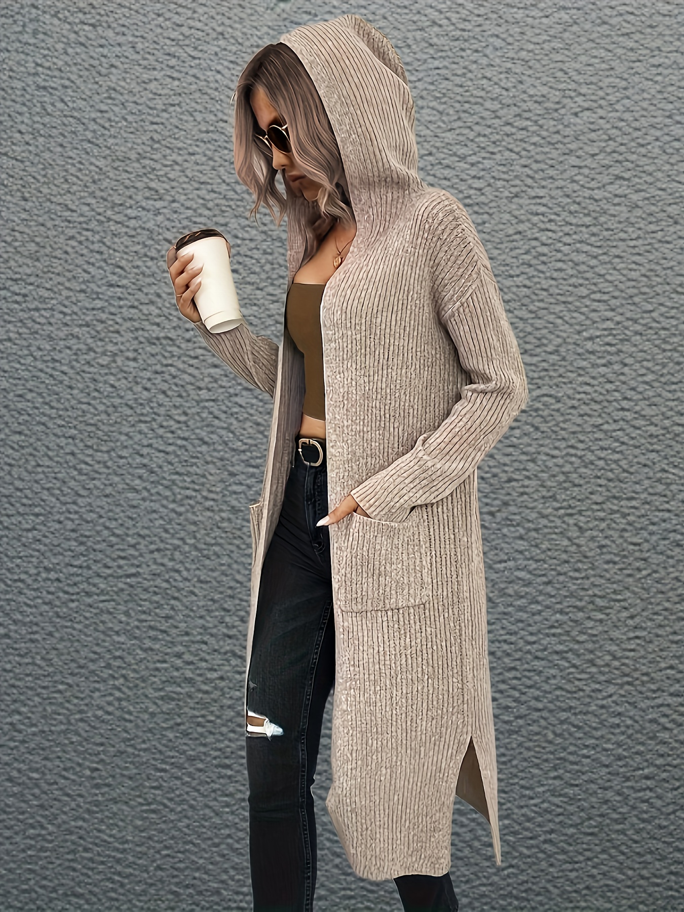 Solid Open Front Hooded Knit Cardigan Casual Long Sleeve Temu