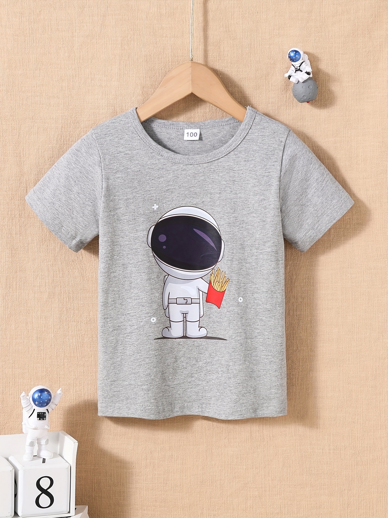 Cartoon Spaceman And Fries Print Boys Creative T-shirt, Casual