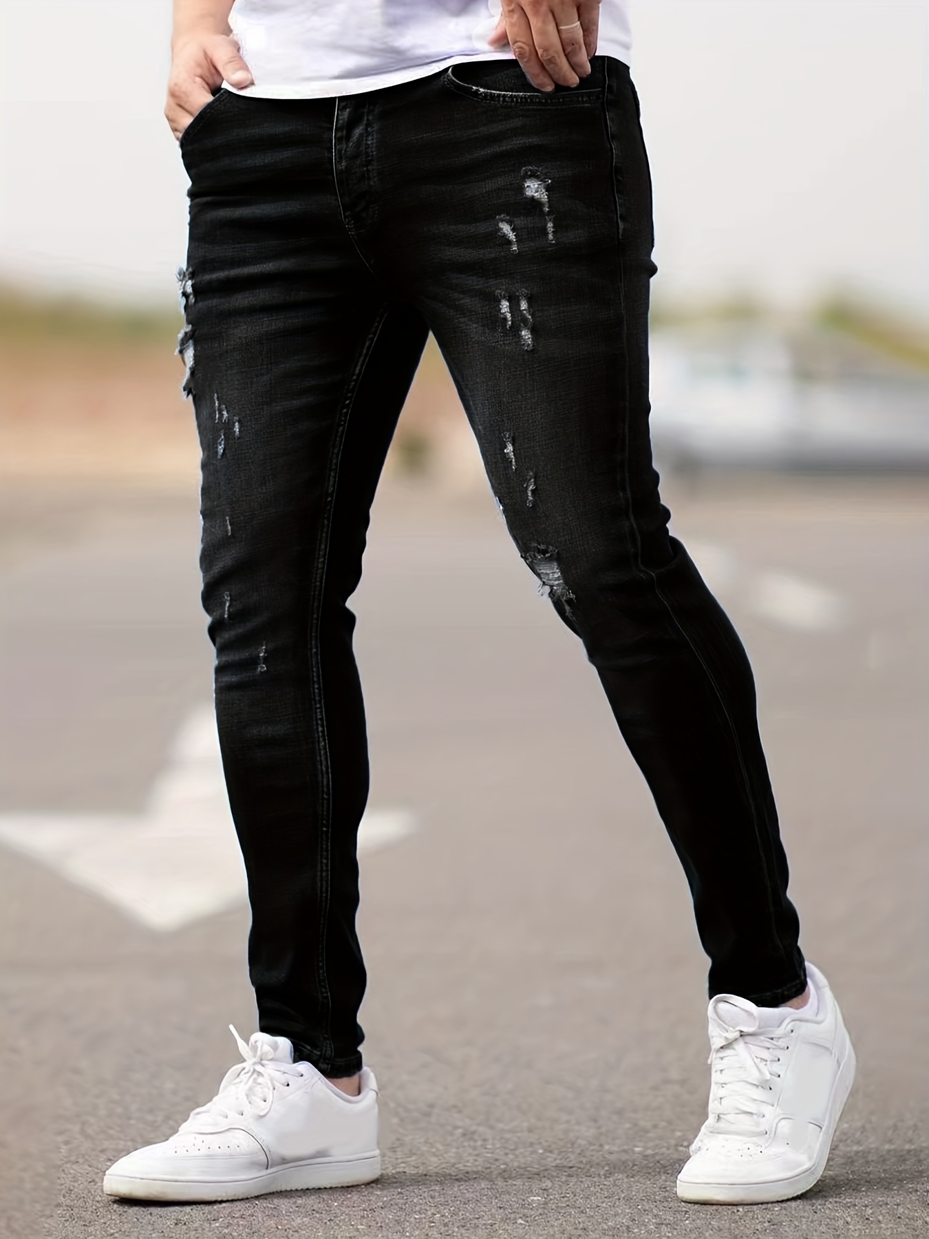 Pantalones ajustados elásticos blancos para hombre, Jeans rasgados